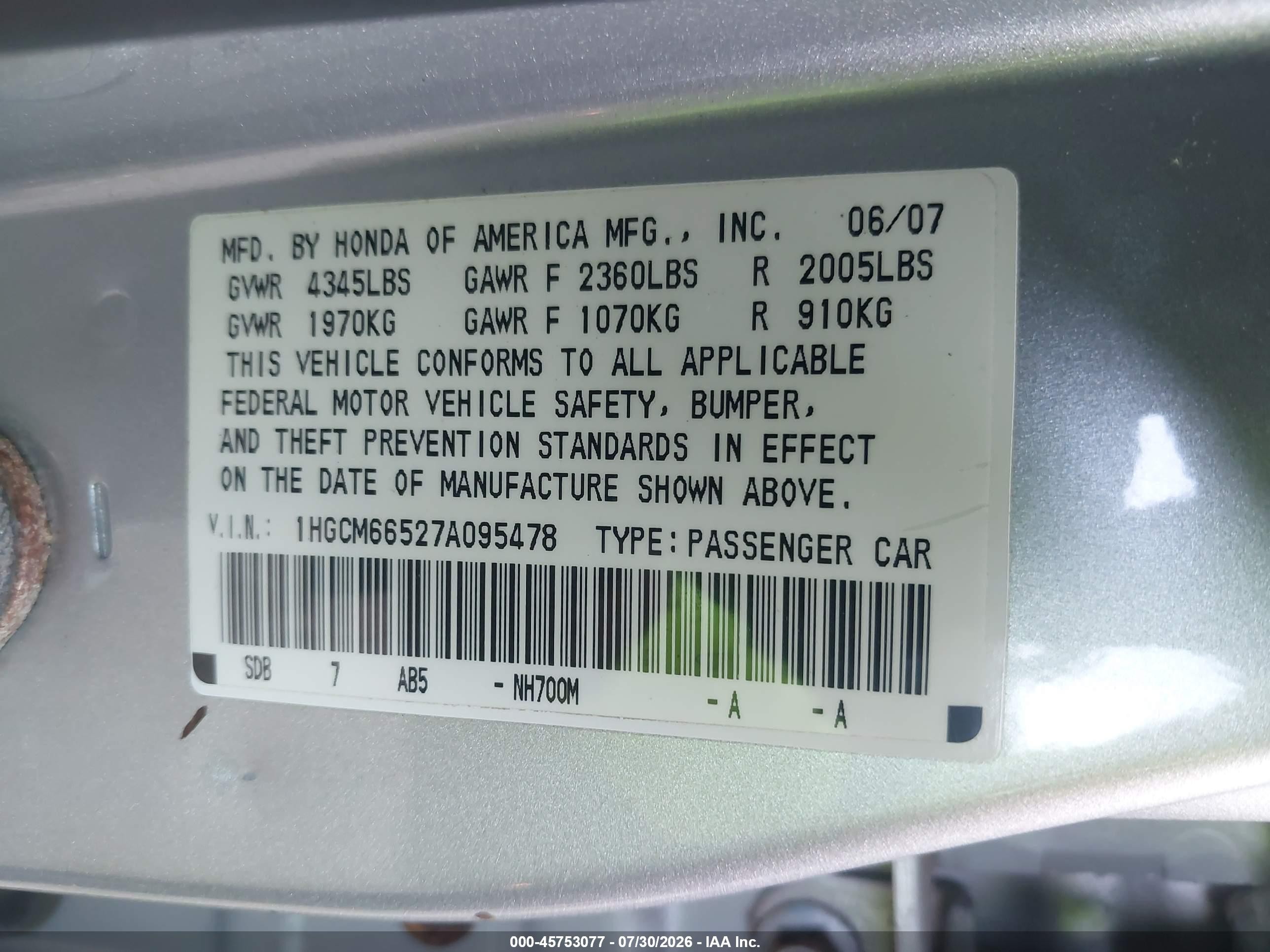 2007 Honda Accord 3.0 Ex Silver vin: 1HGCM66527A095478