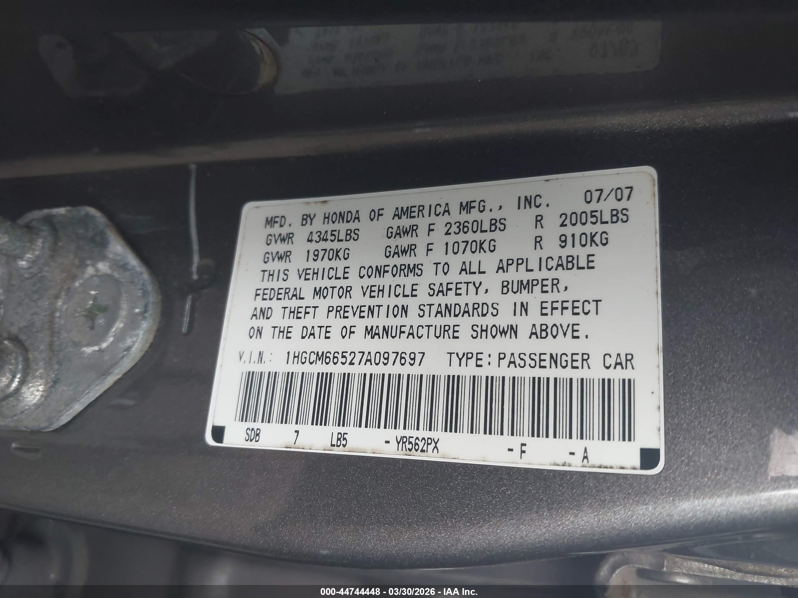 2007 Honda Accord 3.0 Ex Серый vin: 1HGCM66527A097697