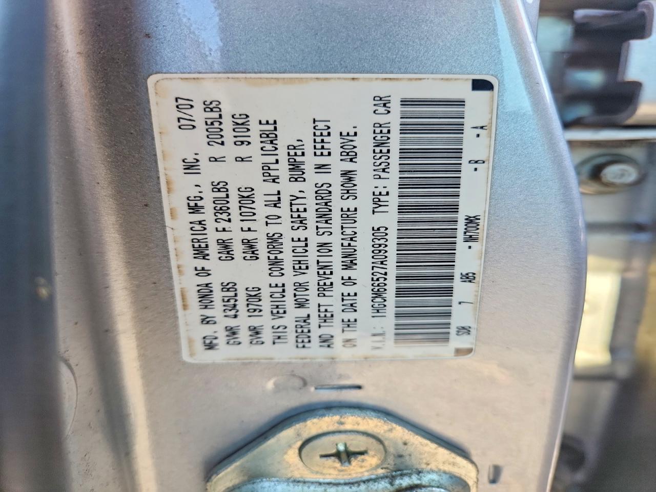 2007 Honda Accord Ex Silver vin: 1HGCM66527A099305