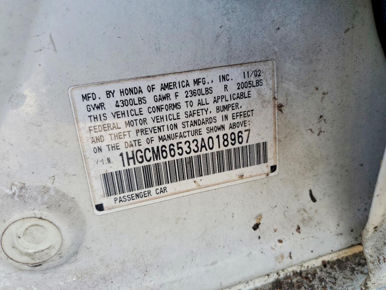 2003 Honda Accord Ex White vin: 1HGCM66533A018967