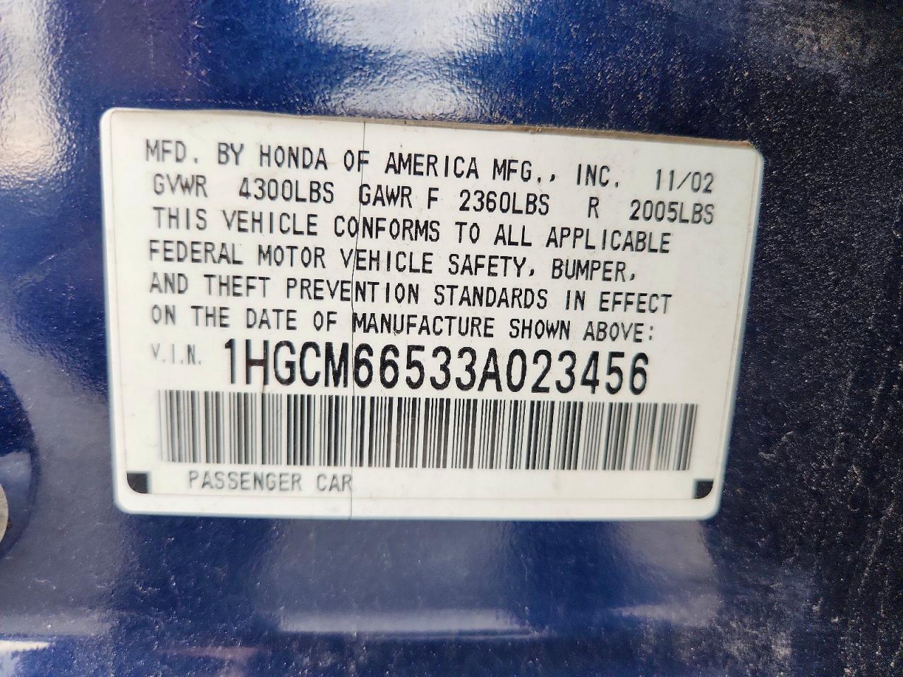 2003 Honda Accord Ex Blue vin: 1HGCM66533A023456