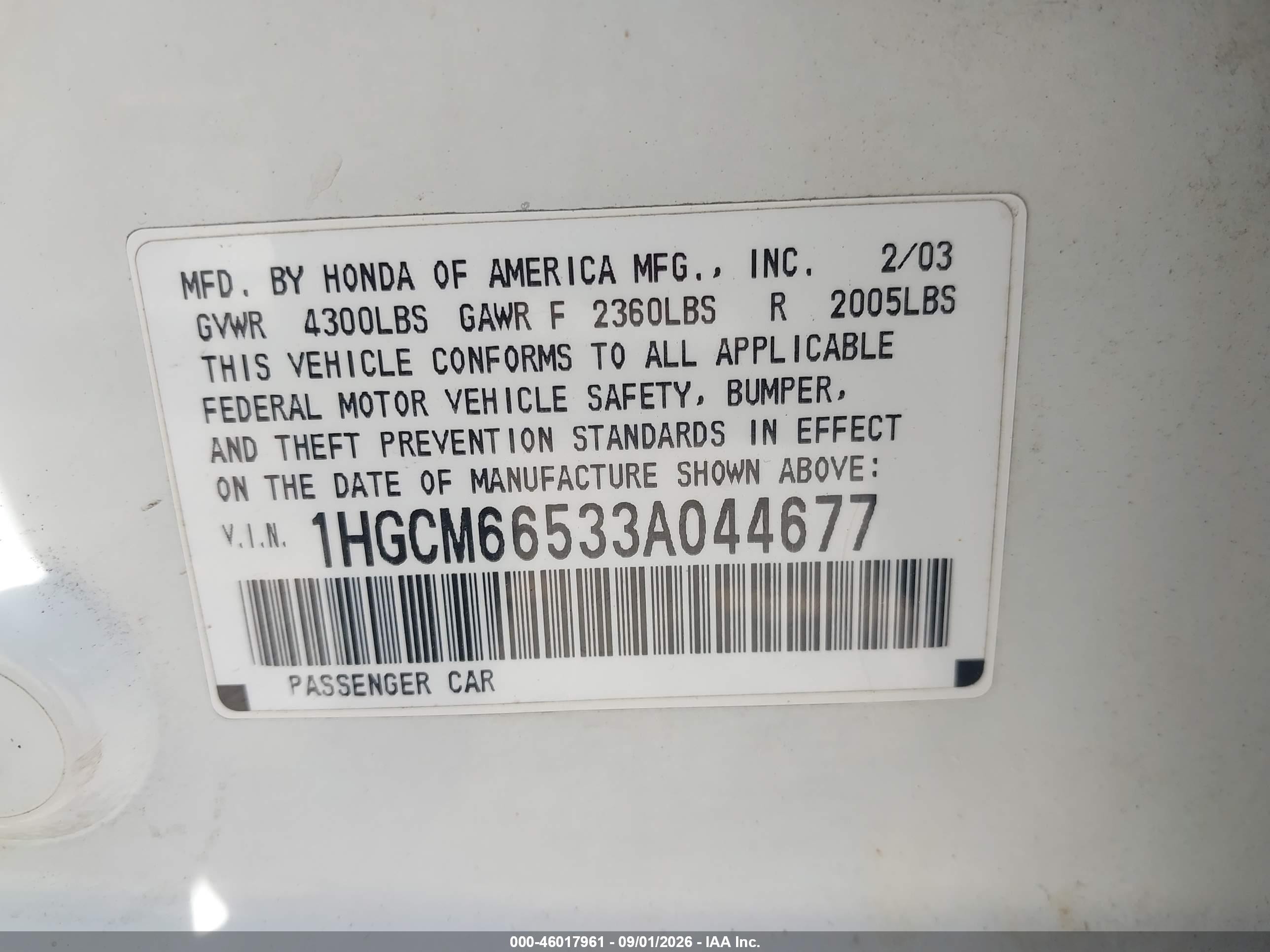 2003 Honda Accord 3.0 Ex White vin: 1HGCM66533A044677