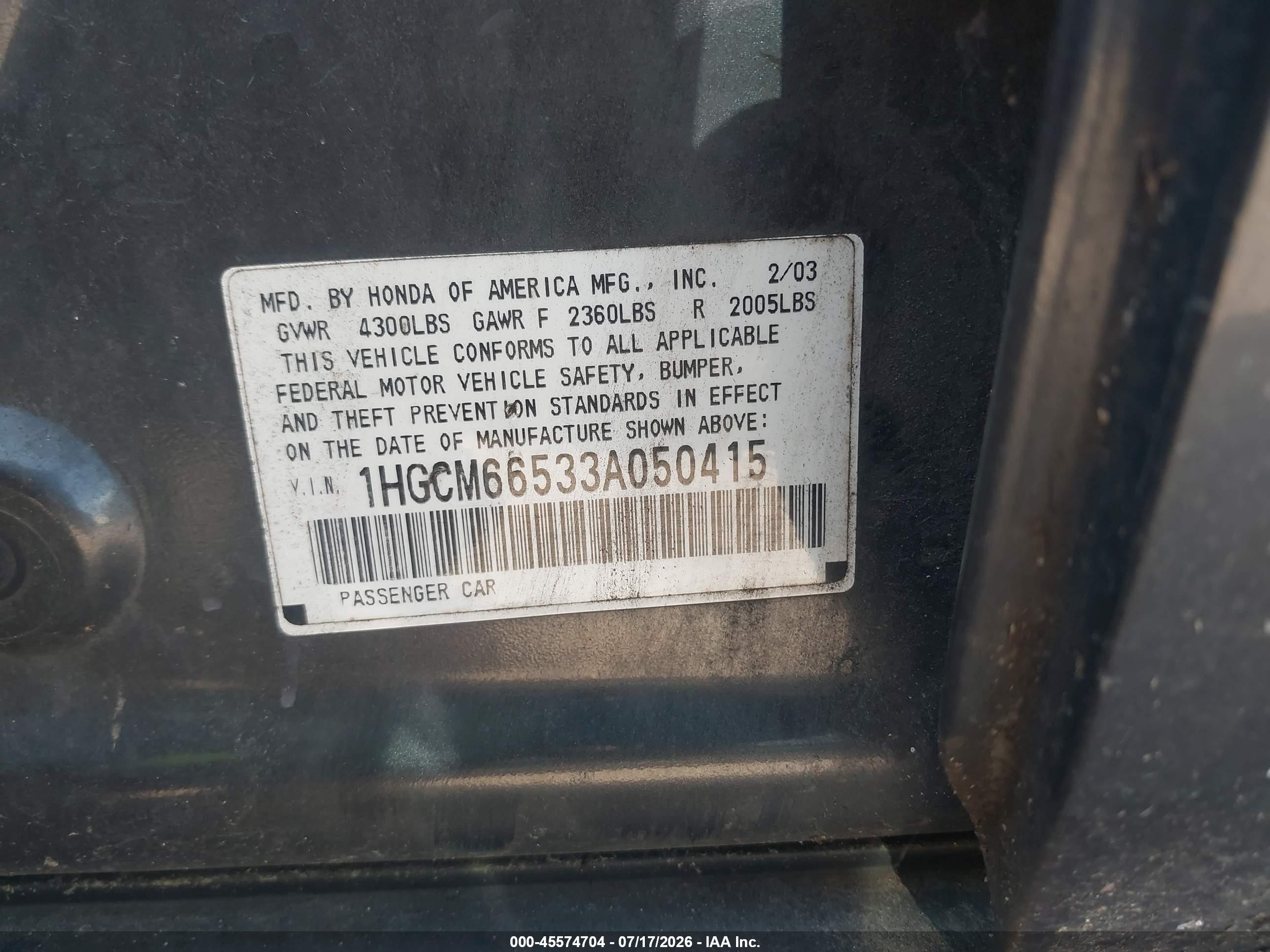 2003 Honda Accord 3.0 Ex Синий vin: 1HGCM66533A050415