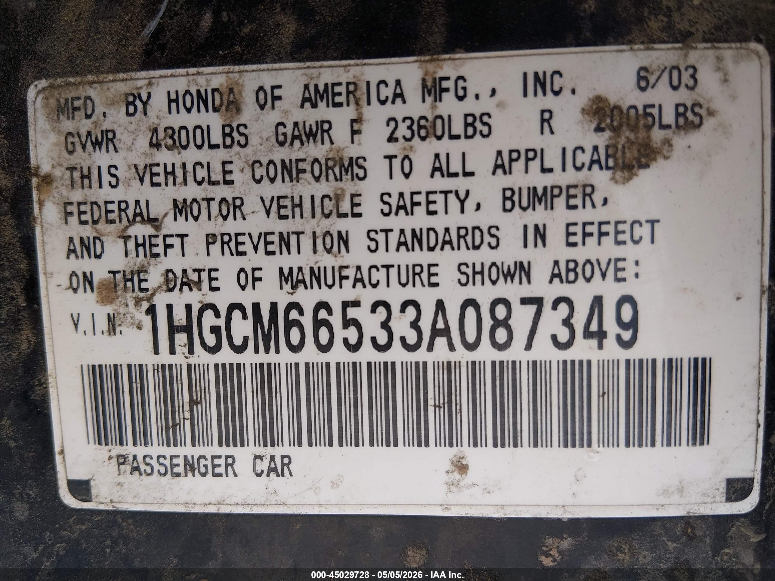 2003 Honda Accord 3.0 Ex Black vin: 1HGCM66533A087349
