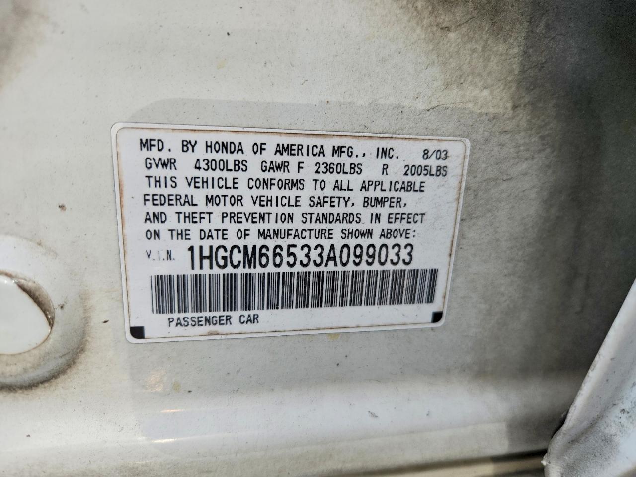 2003 Honda Accord Ex White vin: 1HGCM66533A099033