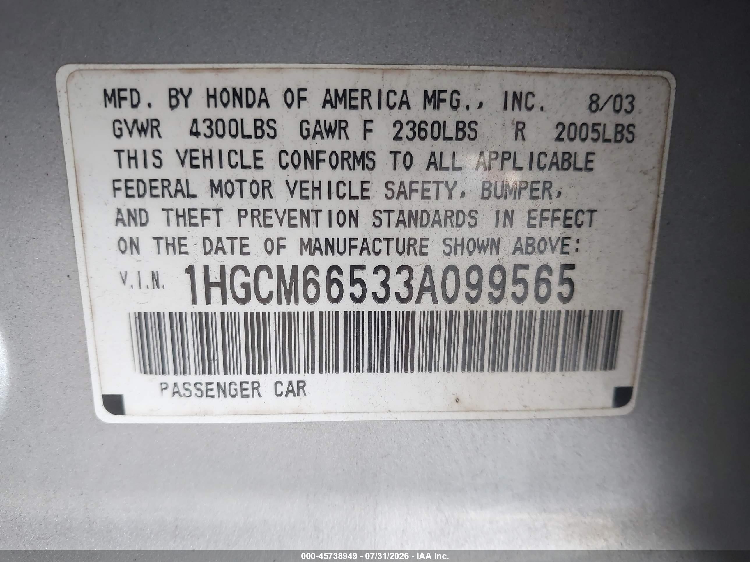 2003 Honda Accord 3.0 Ex Silver vin: 1HGCM66533A099565
