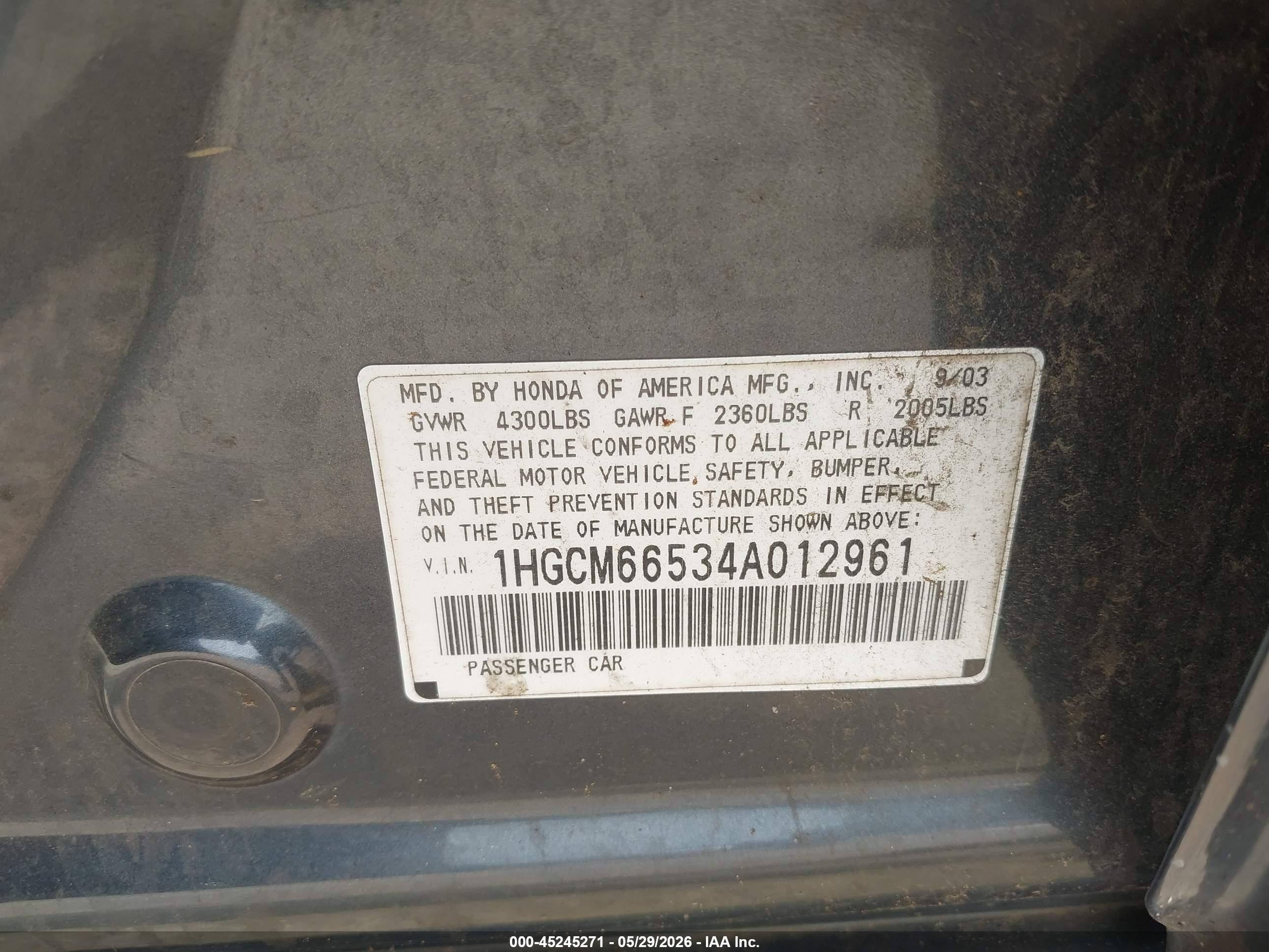 2004 Honda Accord 3.0 Ex Blue vin: 1HGCM66534A012961