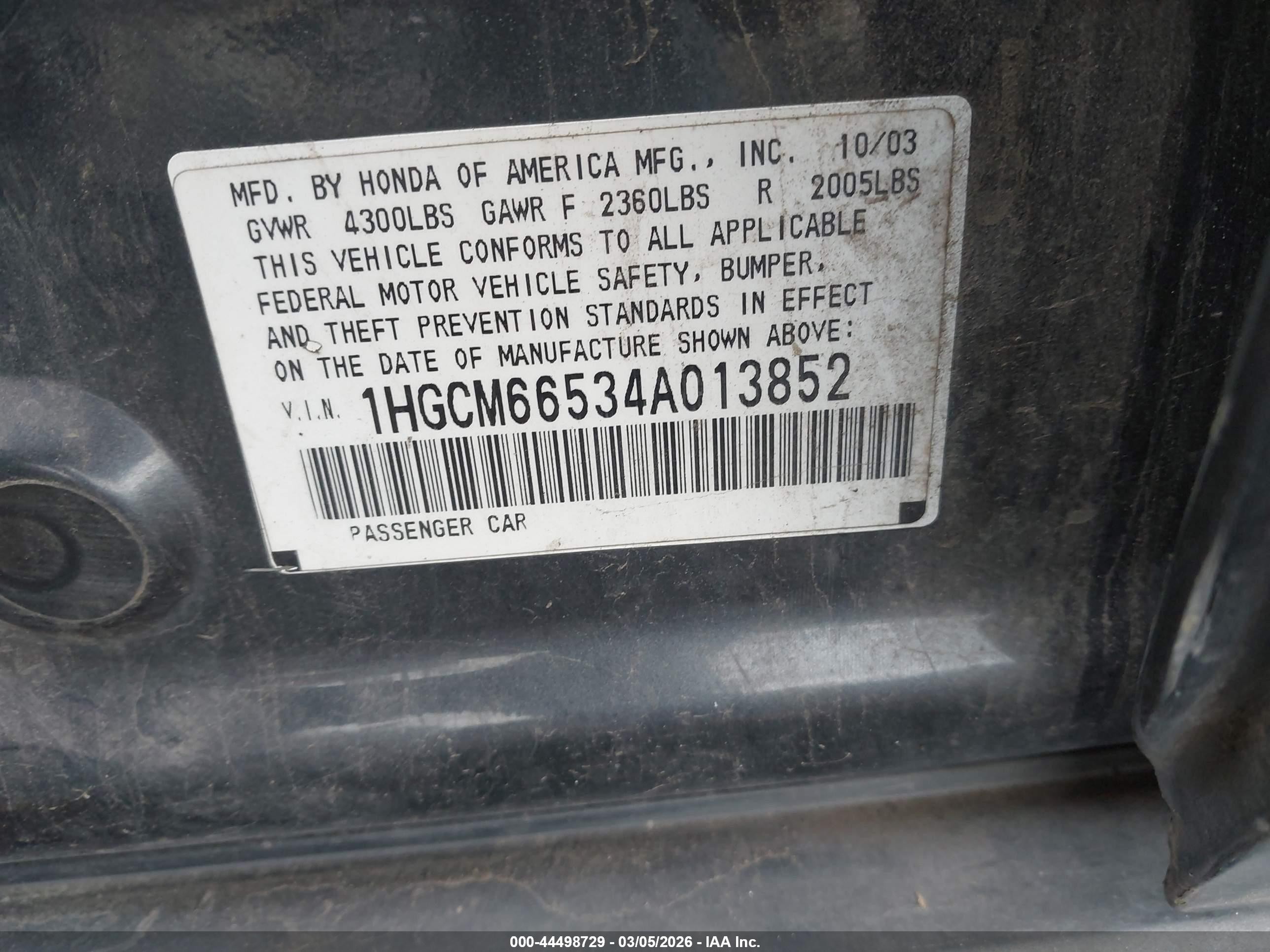 2004 Honda Accord 3.0 Ex Blue vin: 1HGCM66534A013852
