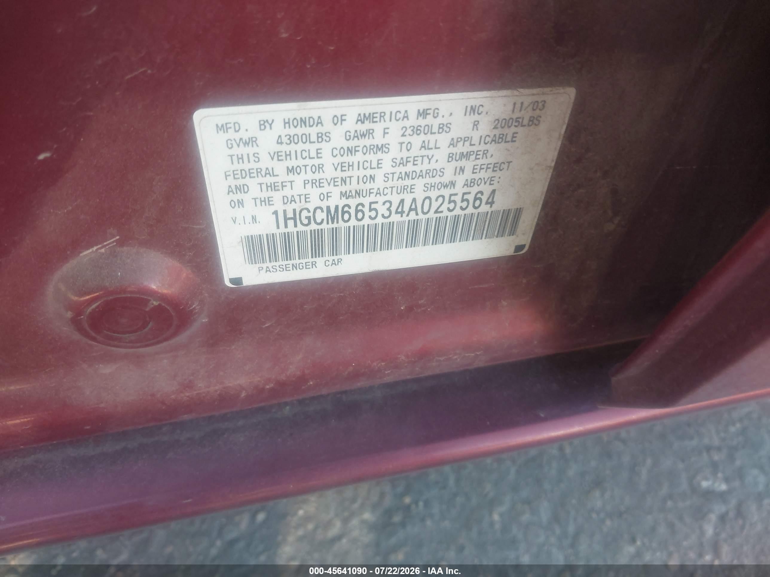 2004 Honda Accord 3.0 Ex Red vin: 1HGCM66534A025564