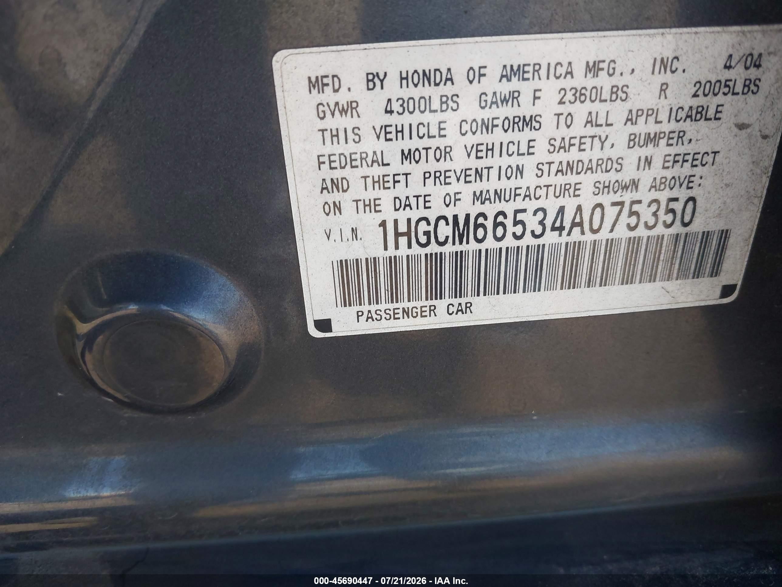 2004 Honda Accord 3.0 Ex Gray vin: 1HGCM66534A075350