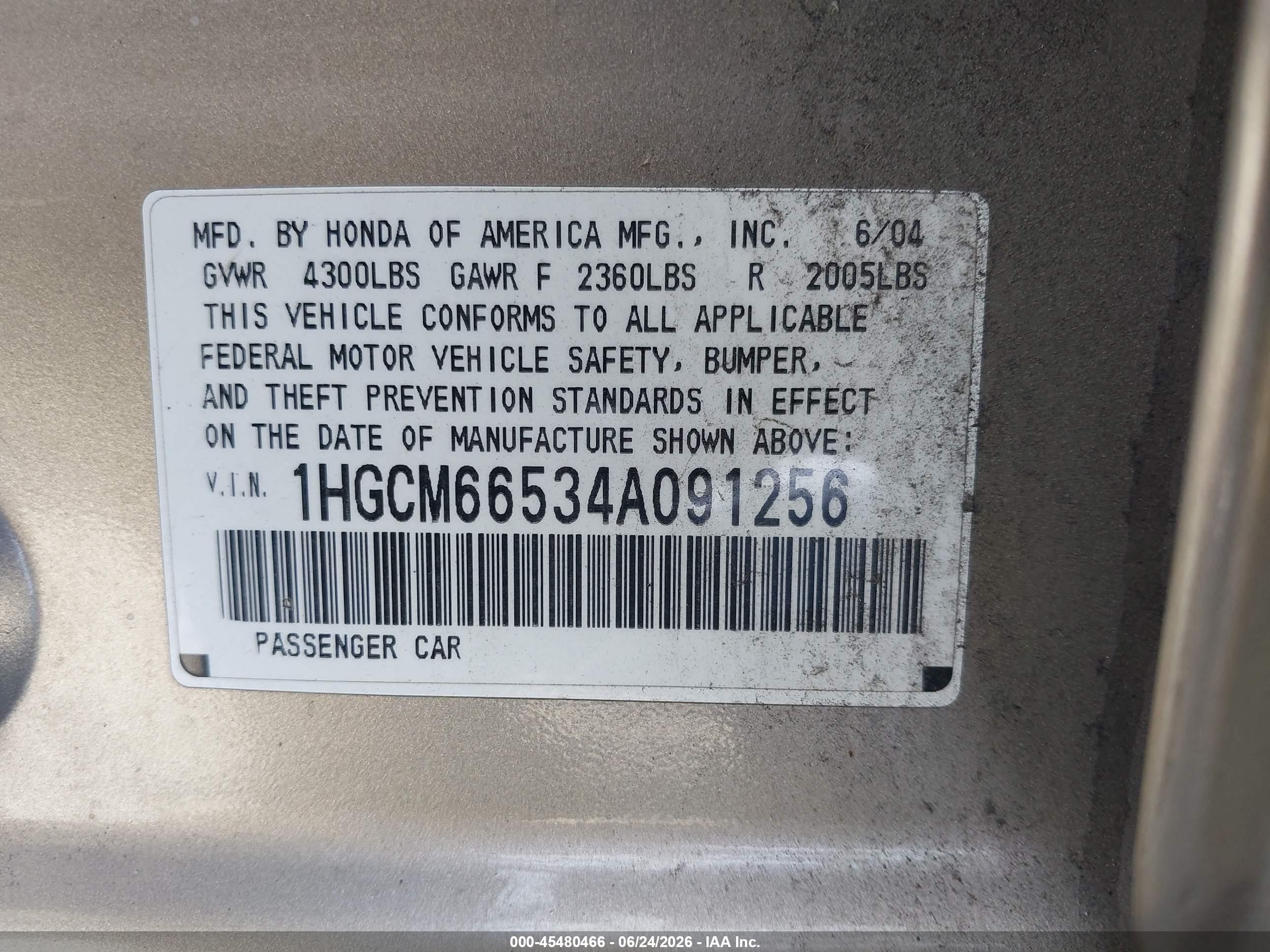 2004 Honda Accord 3.0 Ex Gold vin: 1HGCM66534A091256