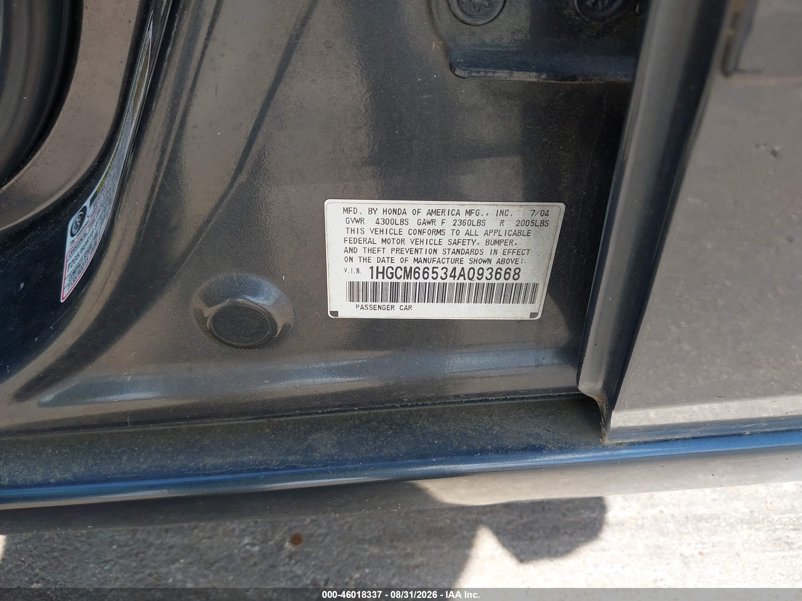 2004 Honda Accord 3.0 Ex Серый vin: 1HGCM66534A093668