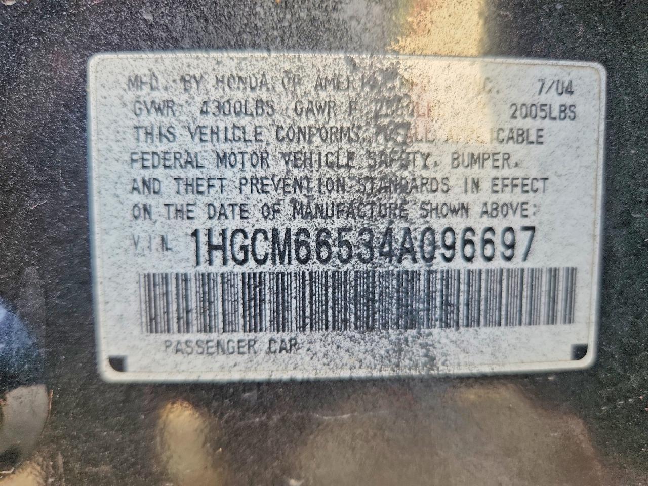 2004 Honda Accord Ex Black vin: 1HGCM66534A096697