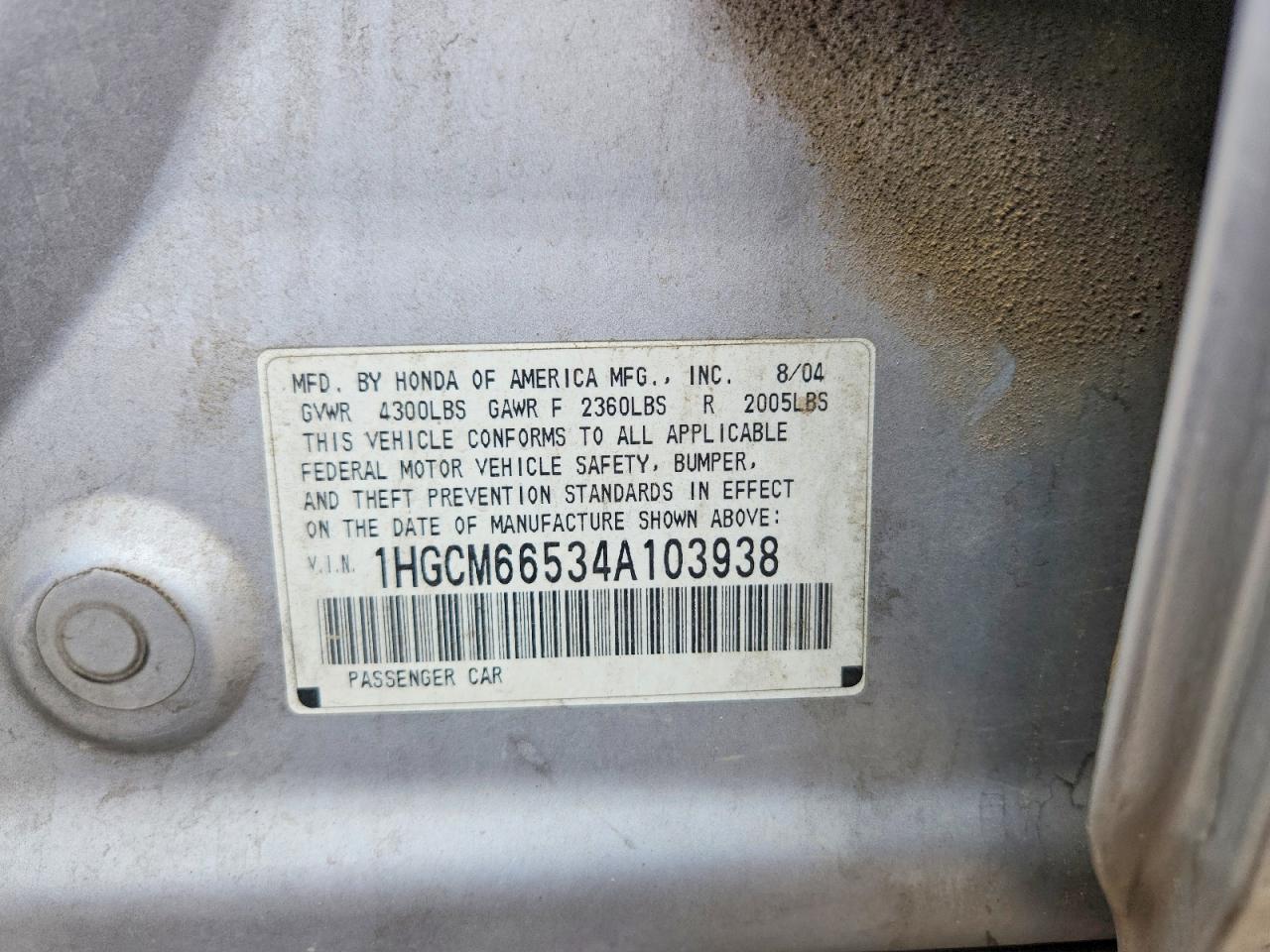 2004 Honda Accord Ex Silver vin: 1HGCM66534A103938
