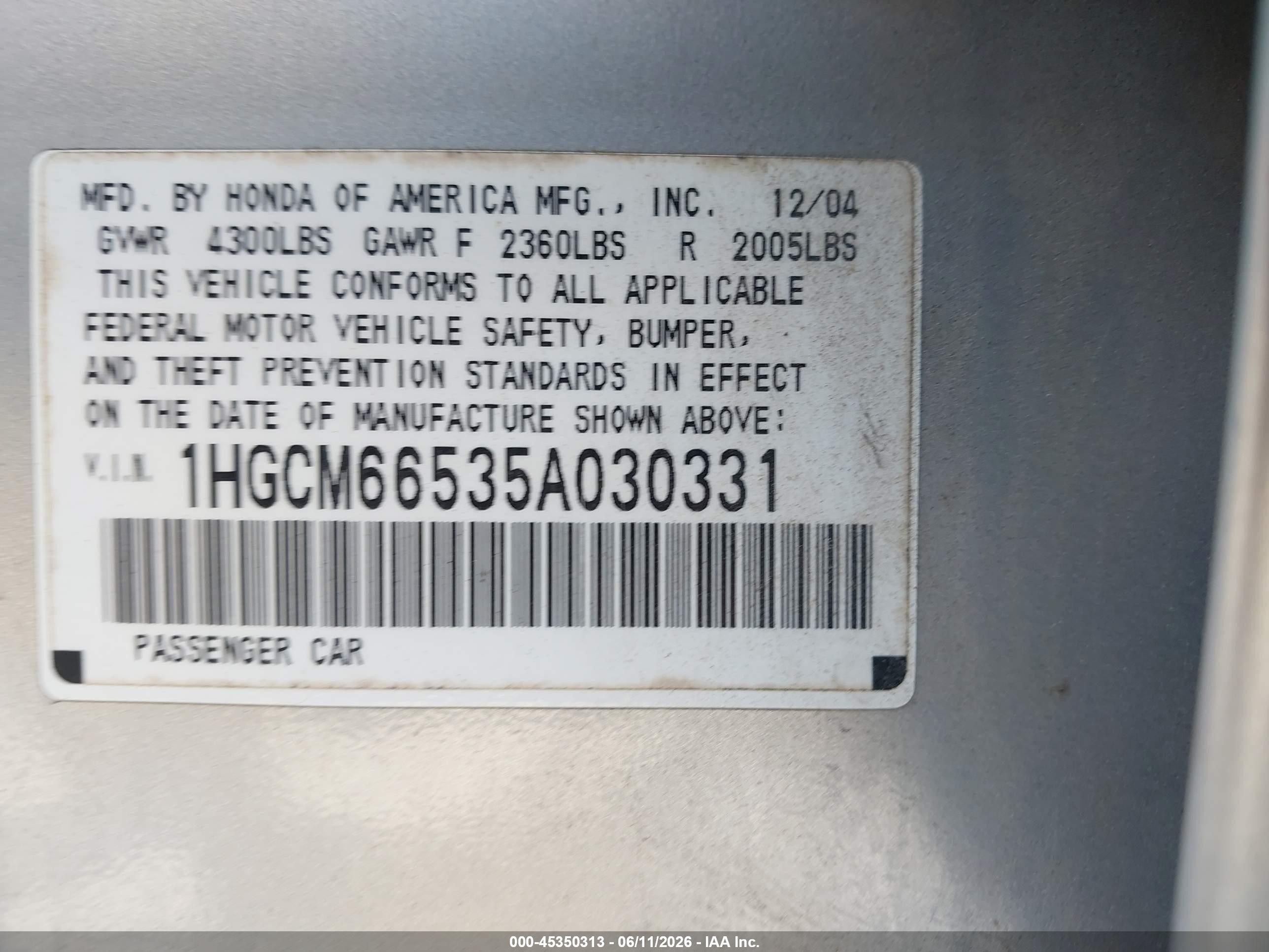 2005 Honda Accord 3.0 Ex Silver vin: 1HGCM66535A030331