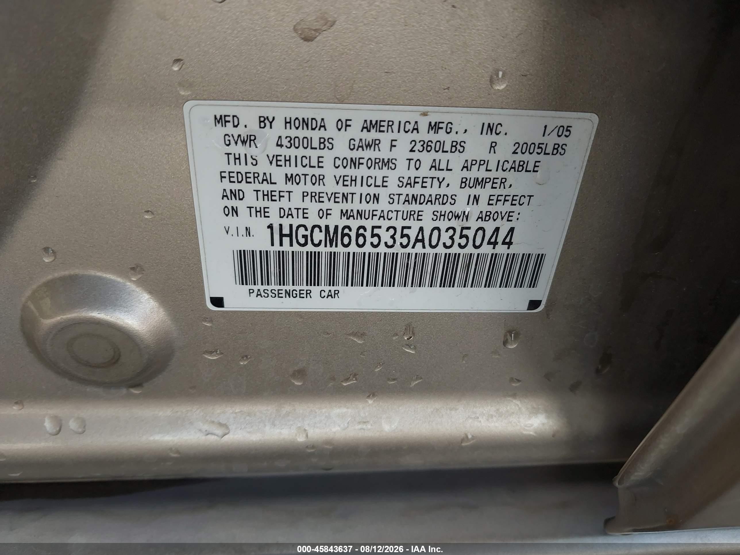 2005 Honda Accord 3.0 Ex Золотой vin: 1HGCM66535A035044