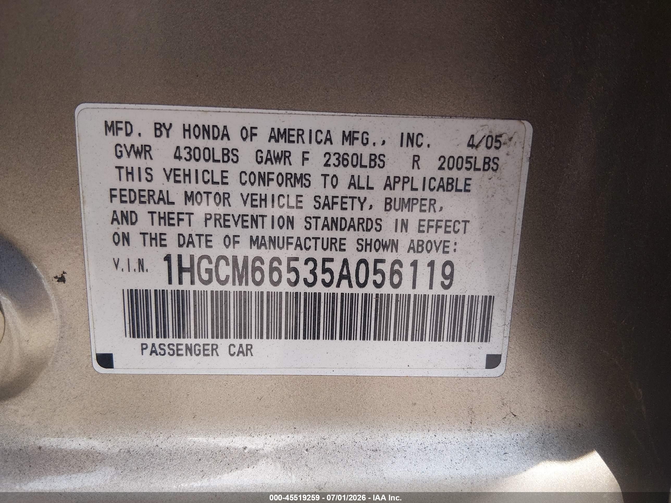 2005 Honda Accord 3.0 Ex Золотой vin: 1HGCM66535A056119