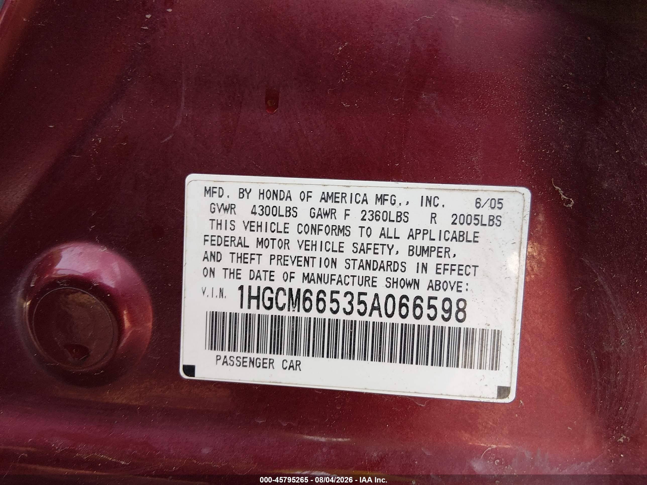 2005 Honda Accord 3.0 Ex Red vin: 1HGCM66535A066598