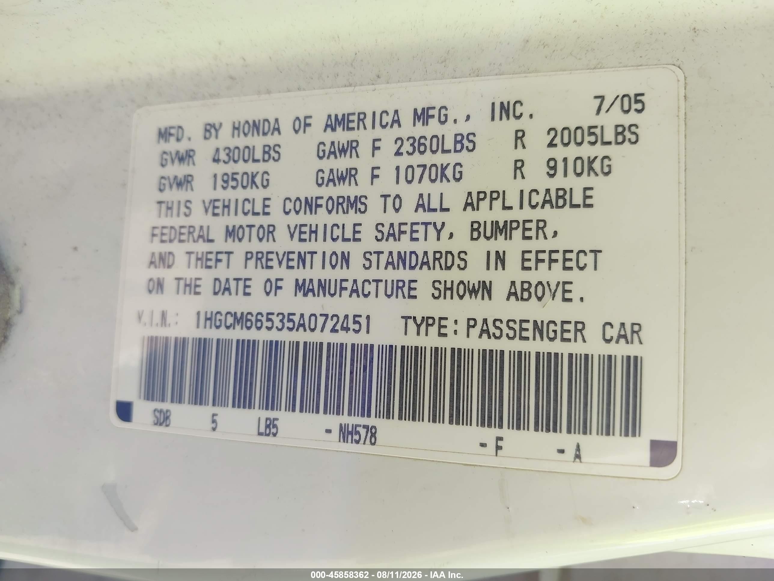 2005 Honda Accord 3.0 Ex White vin: 1HGCM66535A072451
