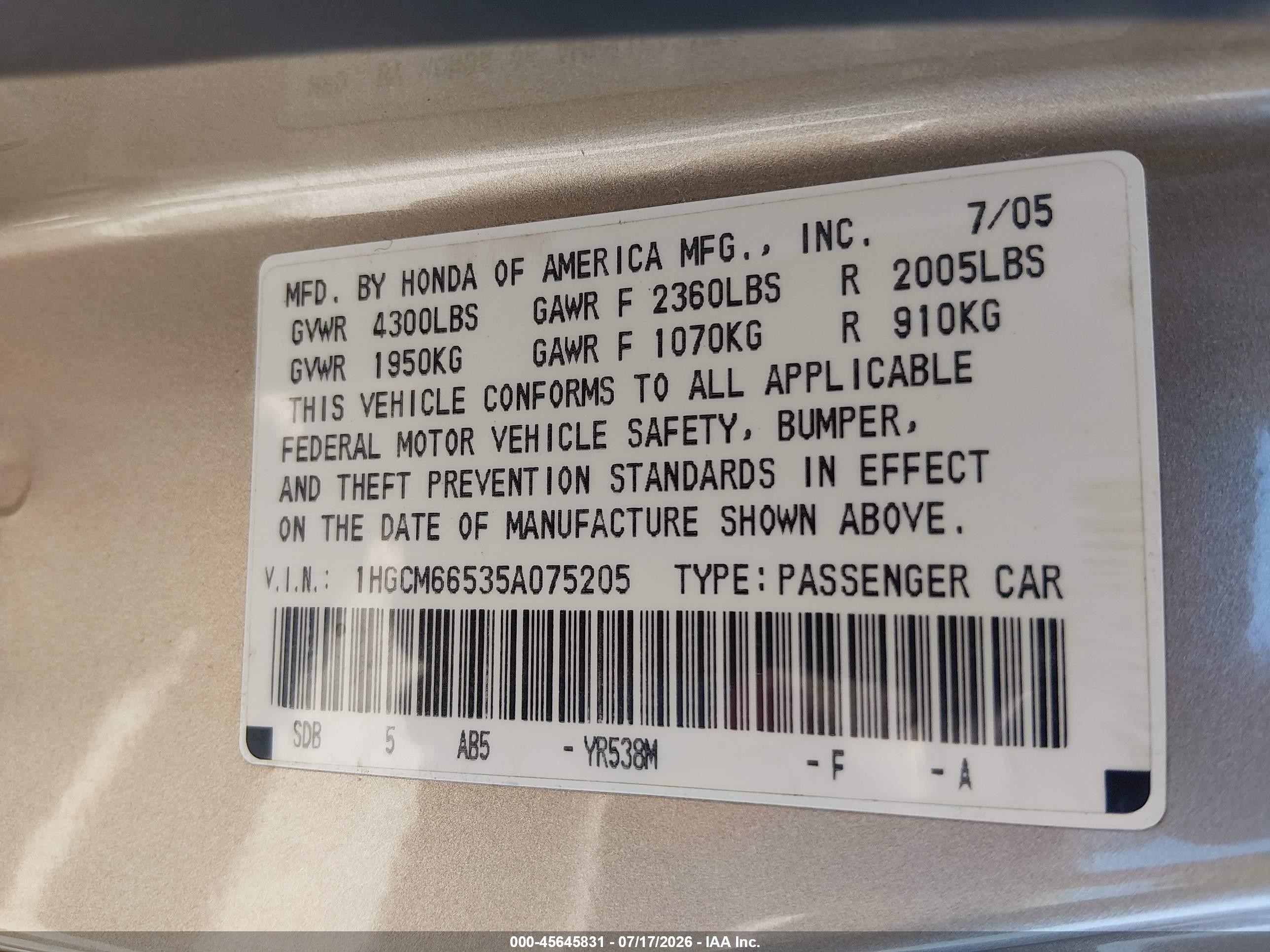 2005 Honda Accord 3.0 Ex Tan vin: 1HGCM66535A075205