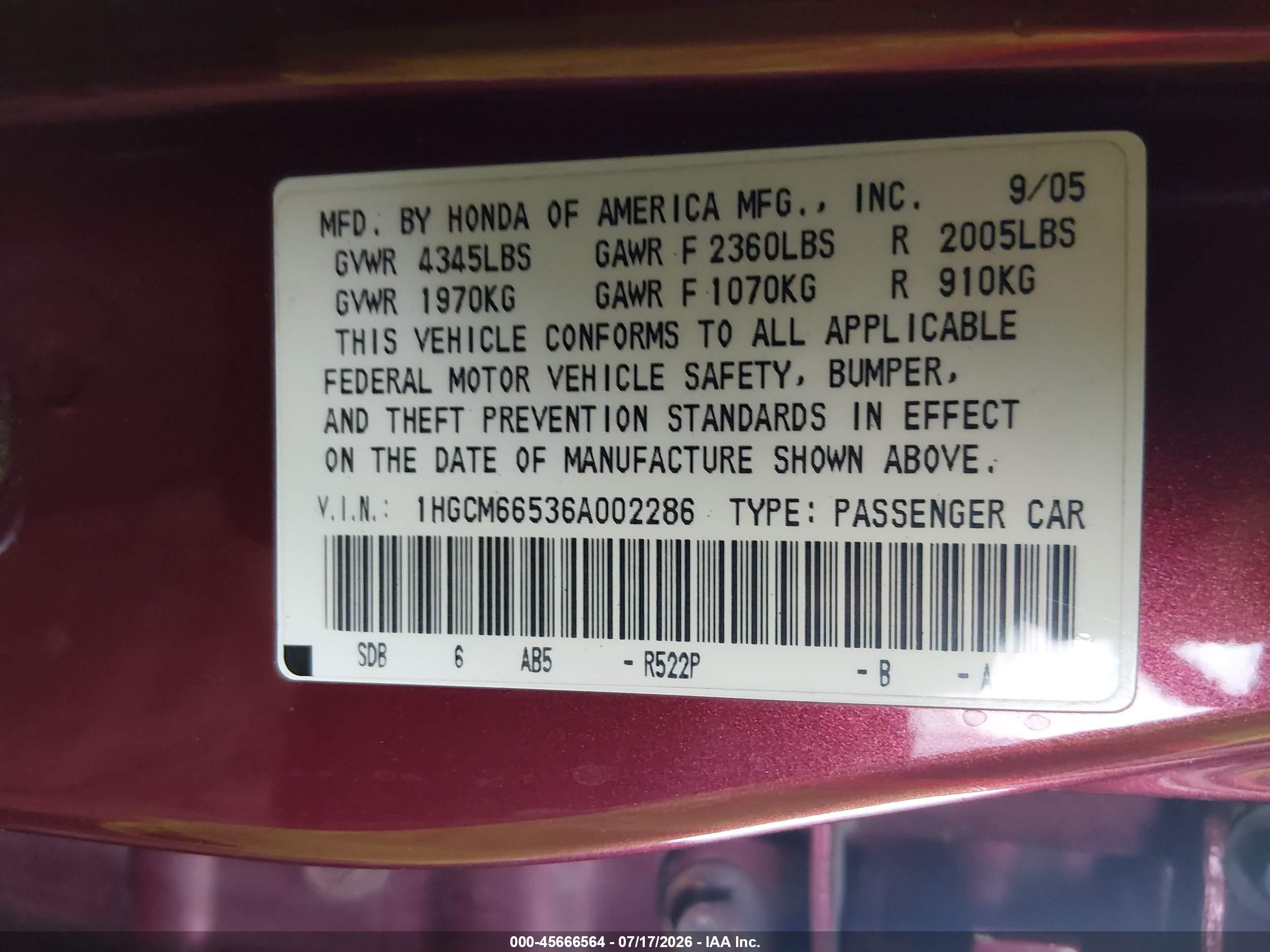 2006 Honda Accord 3.0 Ex Бордовый vin: 1HGCM66536A002286