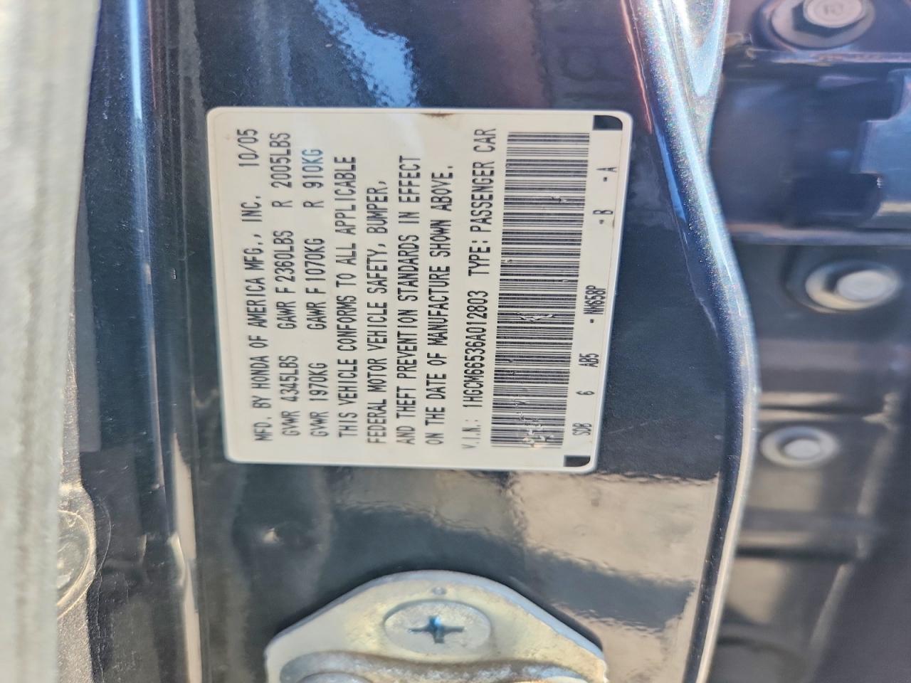 2006 Honda Accord Ex Черный vin: 1HGCM66536A012803