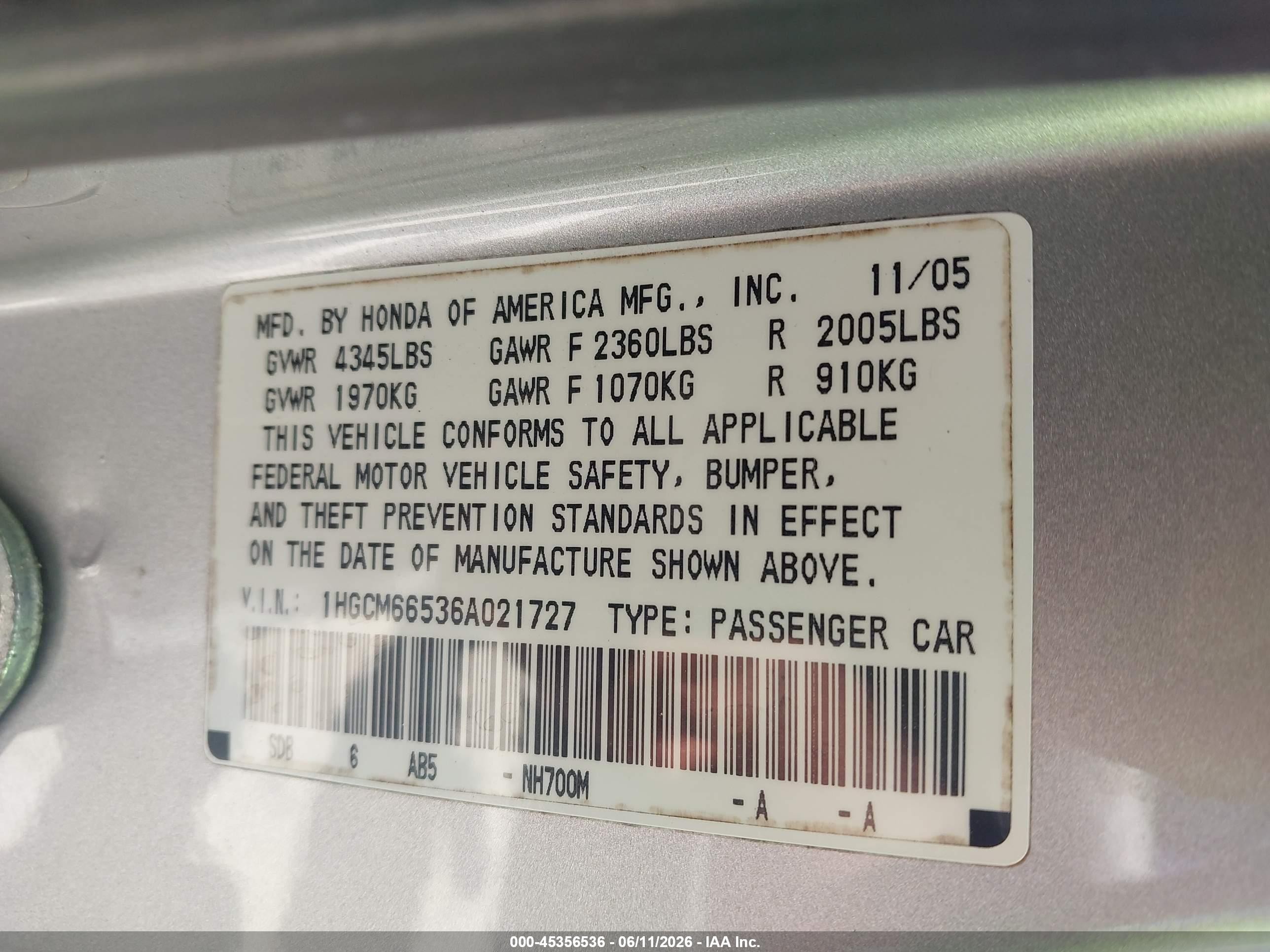 2006 Honda Accord 3.0 Ex Серебряный vin: 1HGCM66536A021727