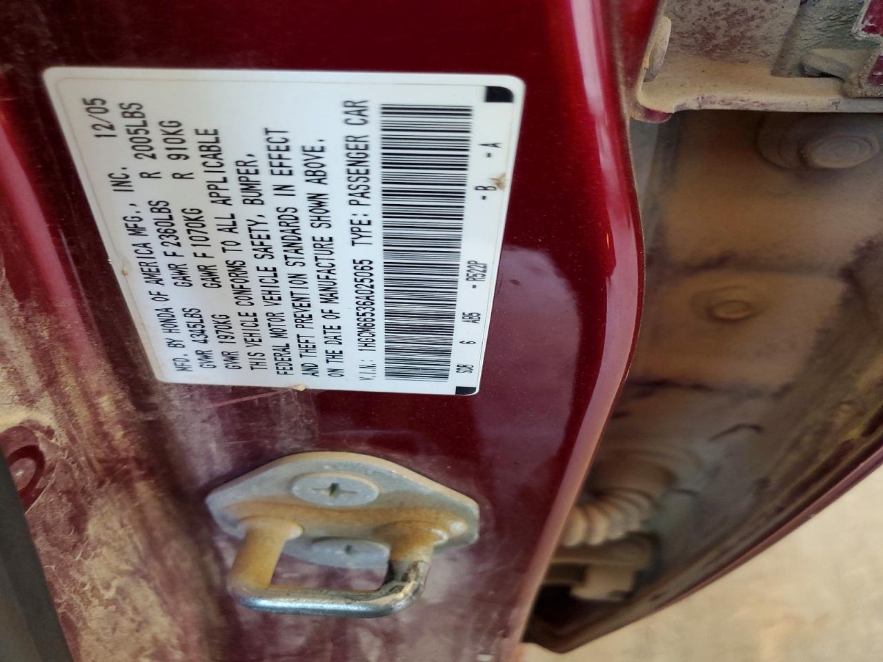 2006 Honda Accord Ex Бордовый vin: 1HGCM66536A025065