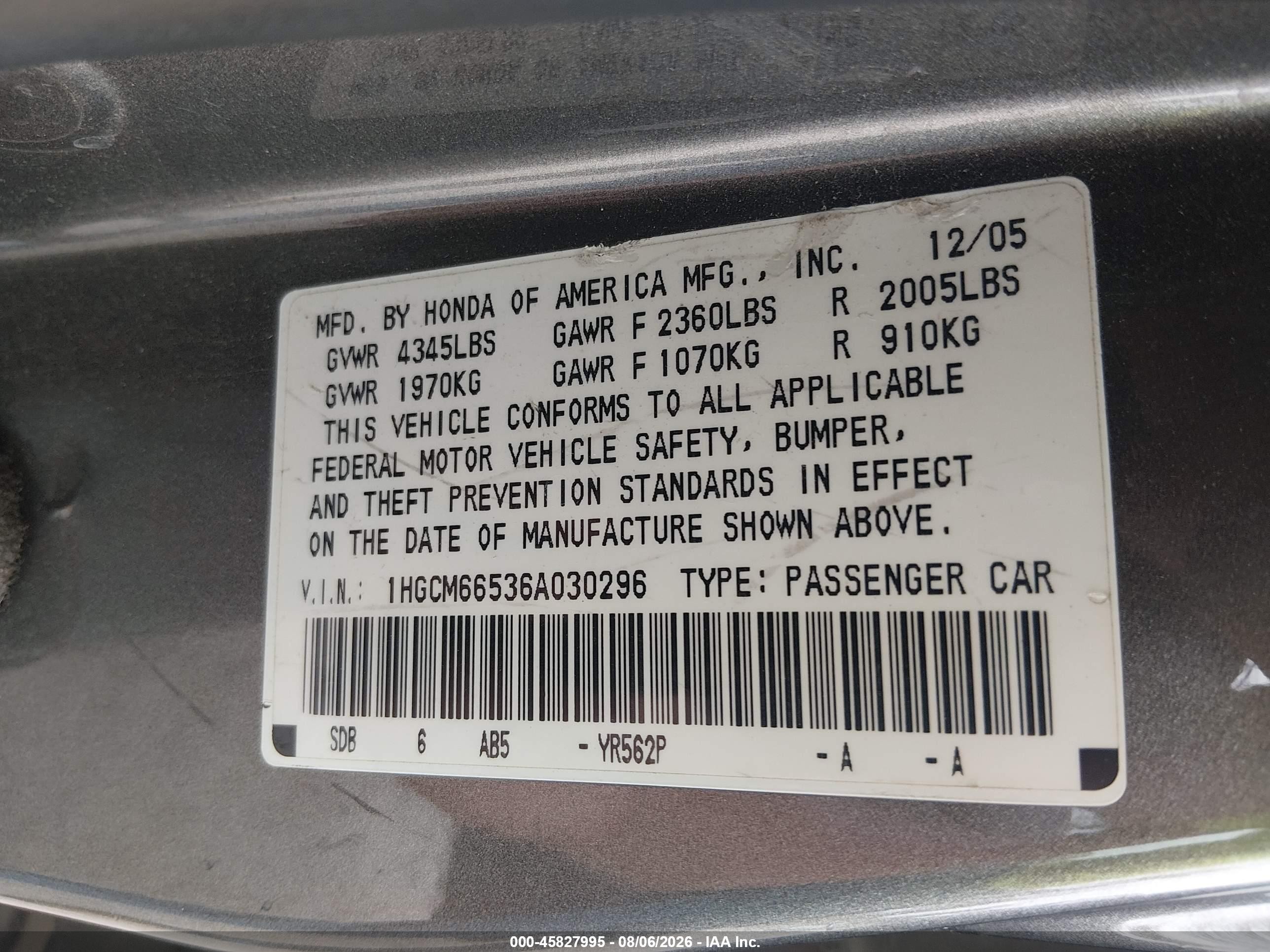2006 Honda Accord 3.0 Ex Серый vin: 1HGCM66536A030296