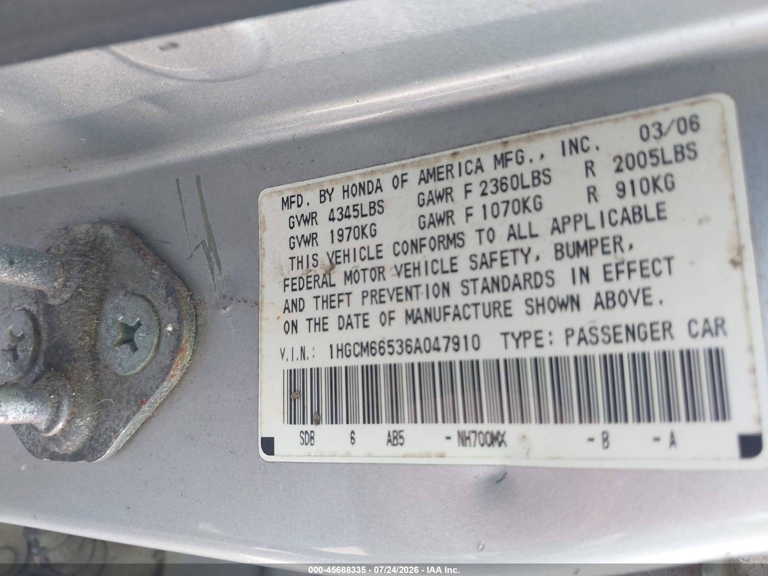 2006 Honda Accord 3.0 Ex Red vin: 1HGCM66536A047910