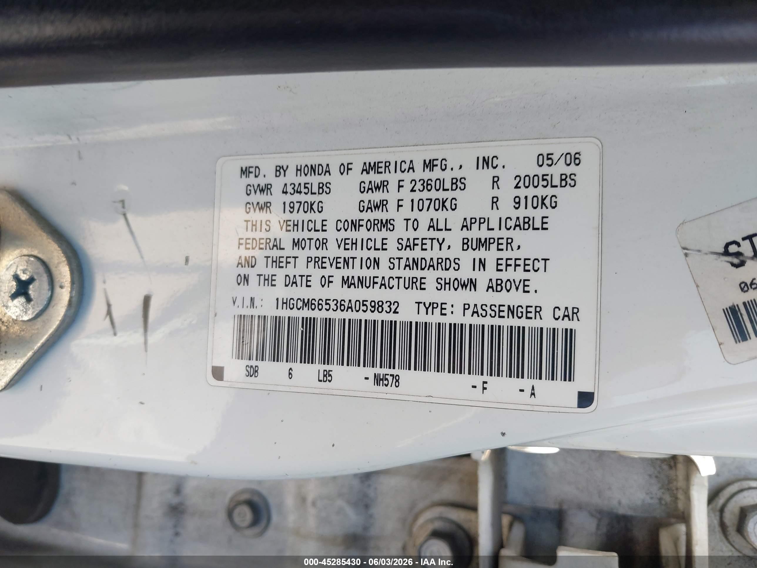 2006 Honda Accord 3.0 Ex White vin: 1HGCM66536A059832