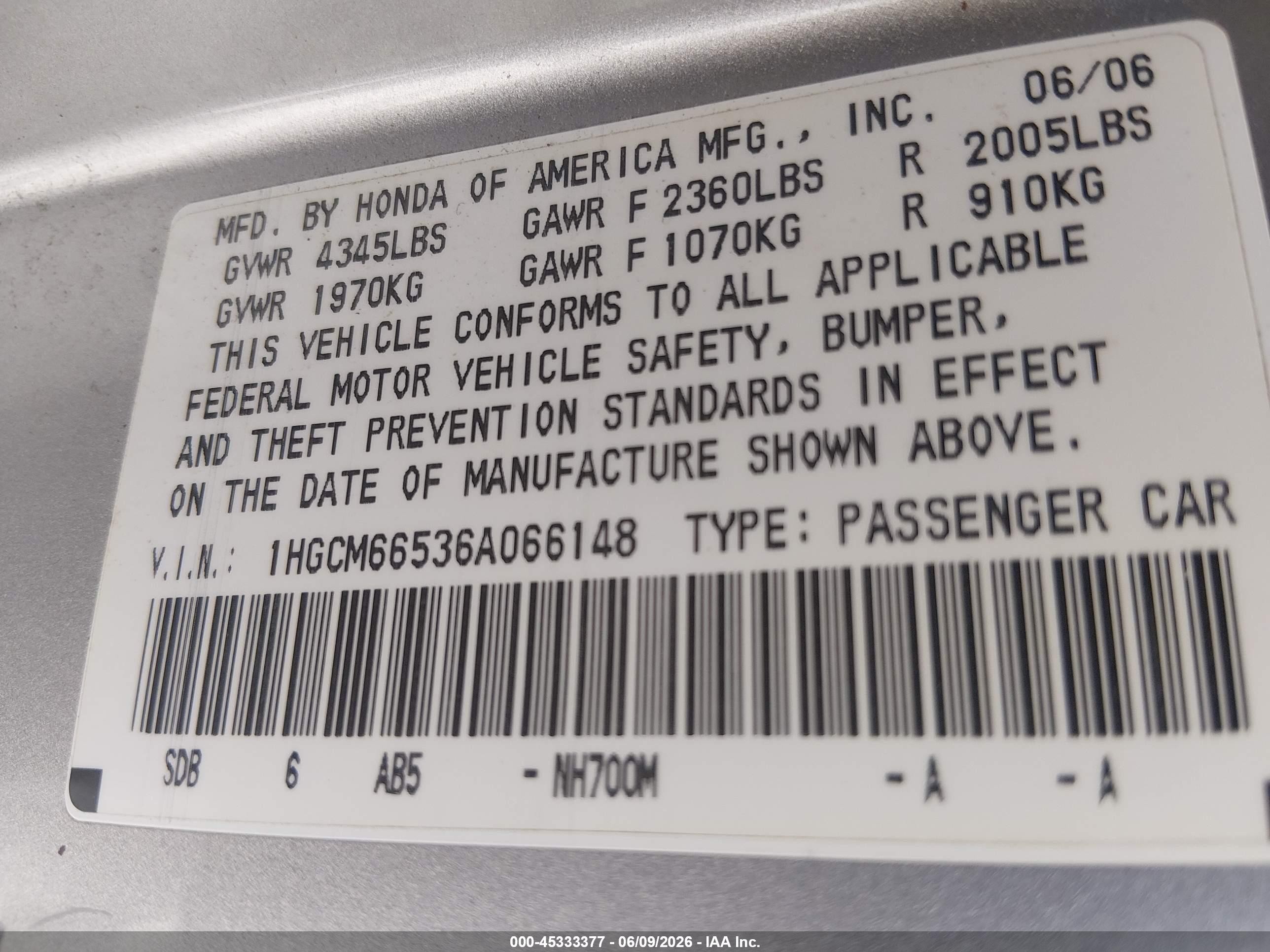 2006 Honda Accord 3.0 Ex Silver vin: 1HGCM66536A066148