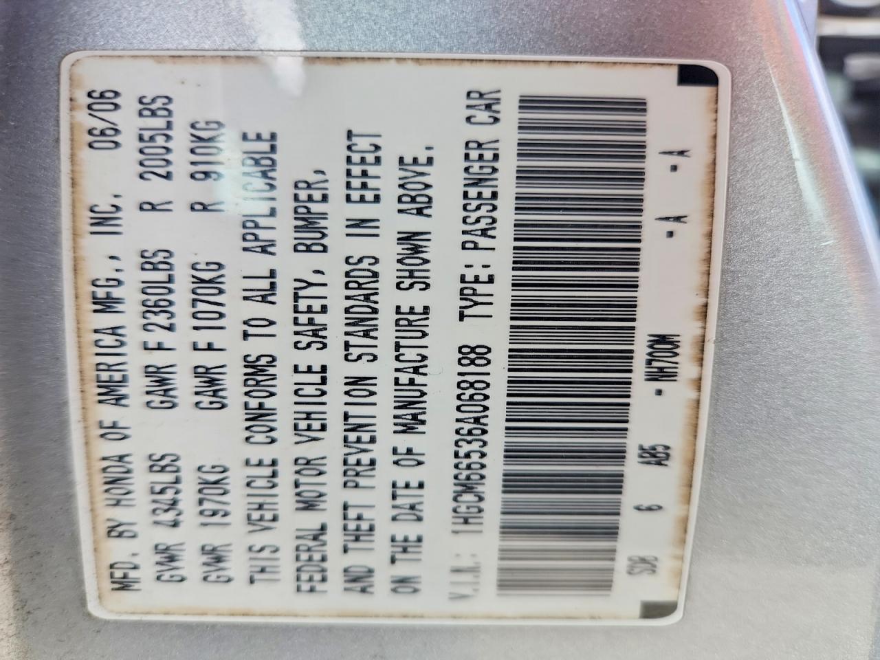 2006 Honda Accord Ex Silver vin: 1HGCM66536A068188