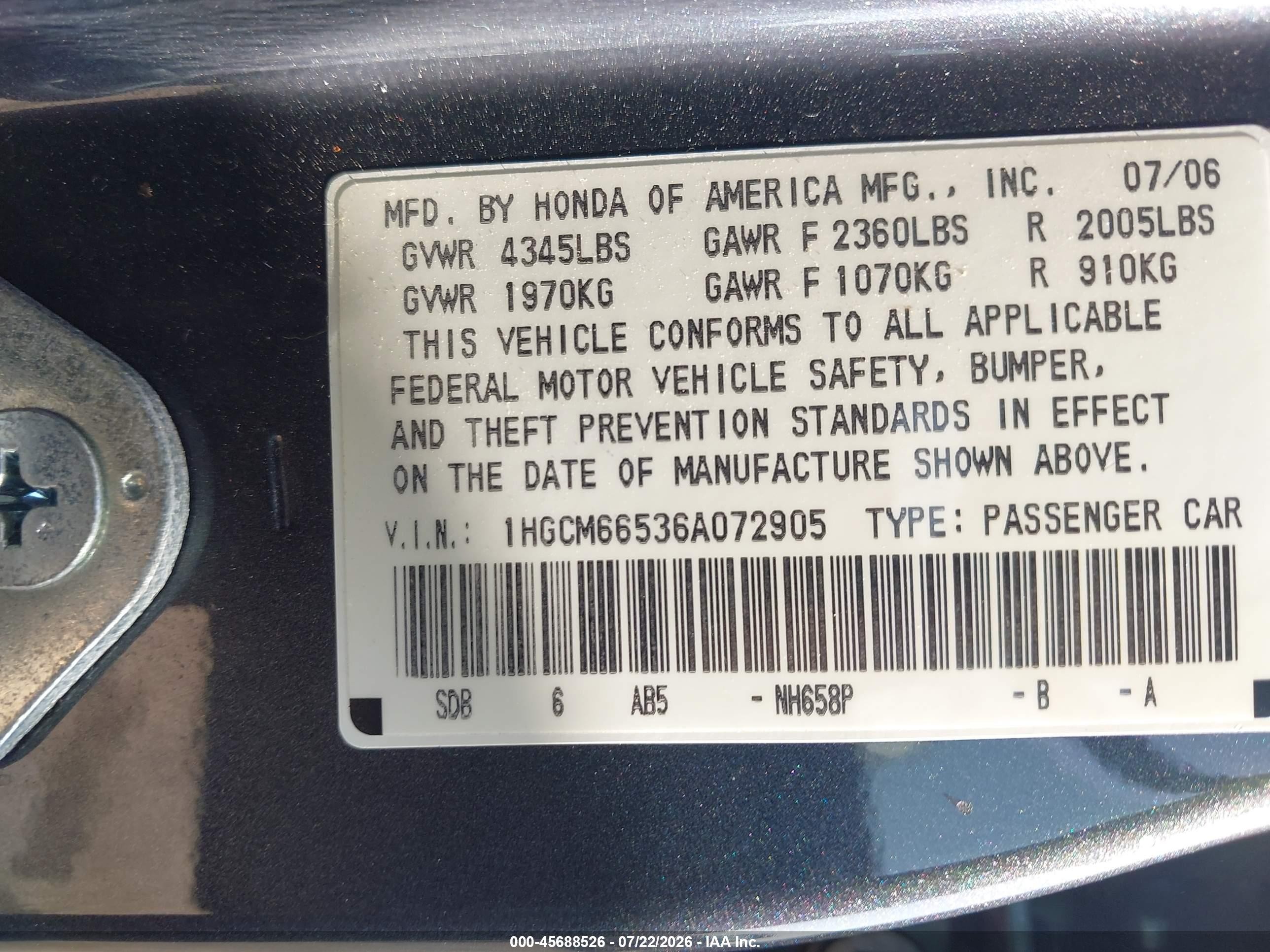 2006 Honda Accord 3.0 Ex Light Blue vin: 1HGCM66536A072905