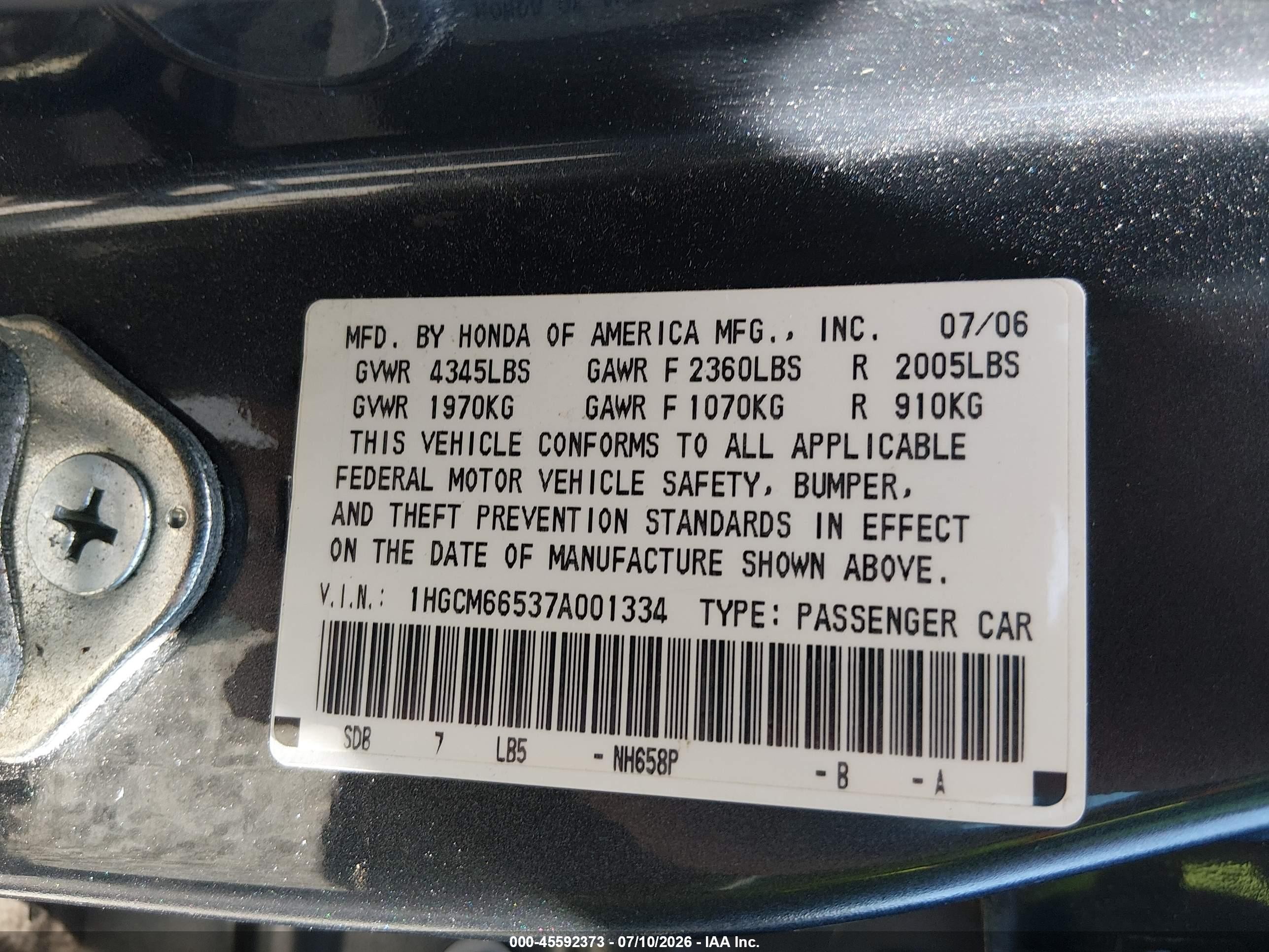 2007 Honda Accord 3.0 Ex Gray vin: 1HGCM66537A001334