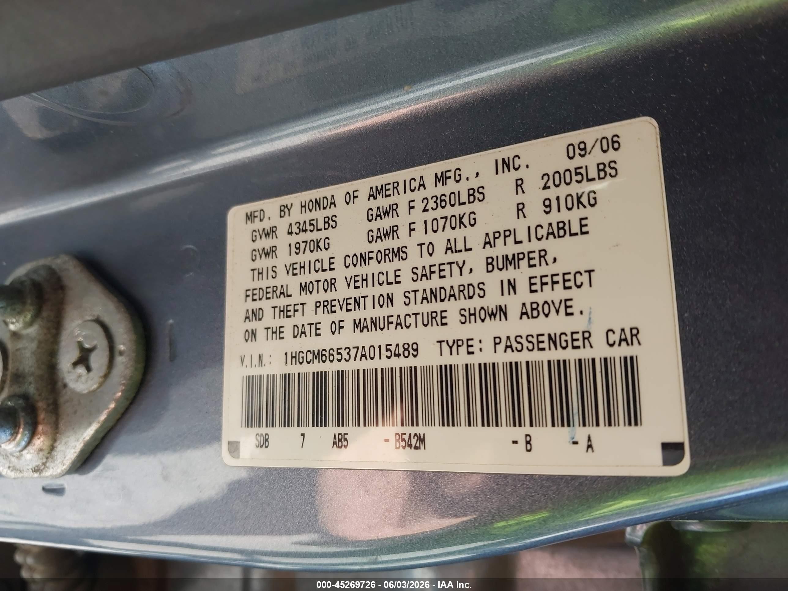 2007 Honda Accord 3.0 Ex Gray vin: 1HGCM66537A015489