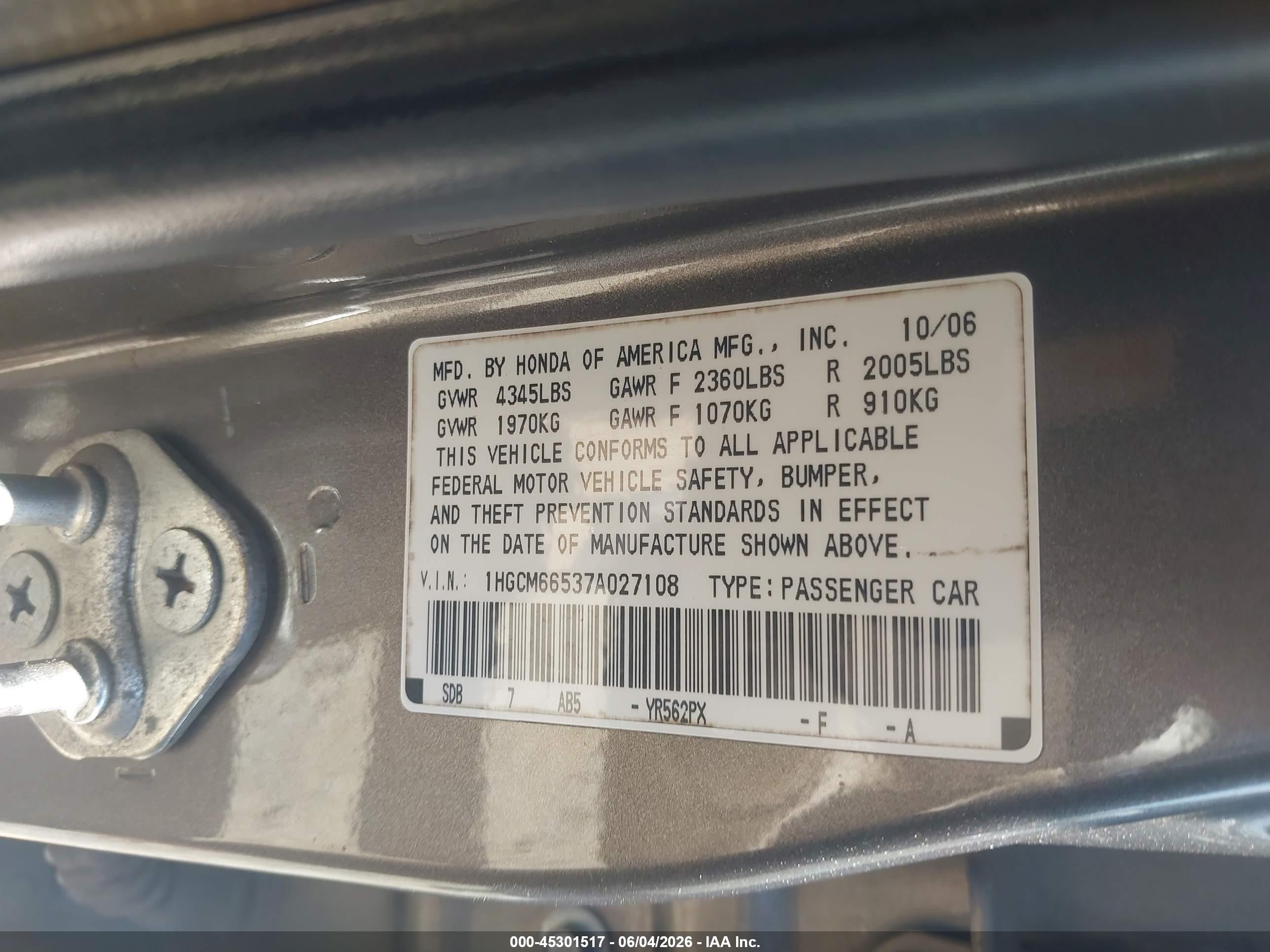 2007 Honda Accord 3.0 Ex Gray vin: 1HGCM66537A027108
