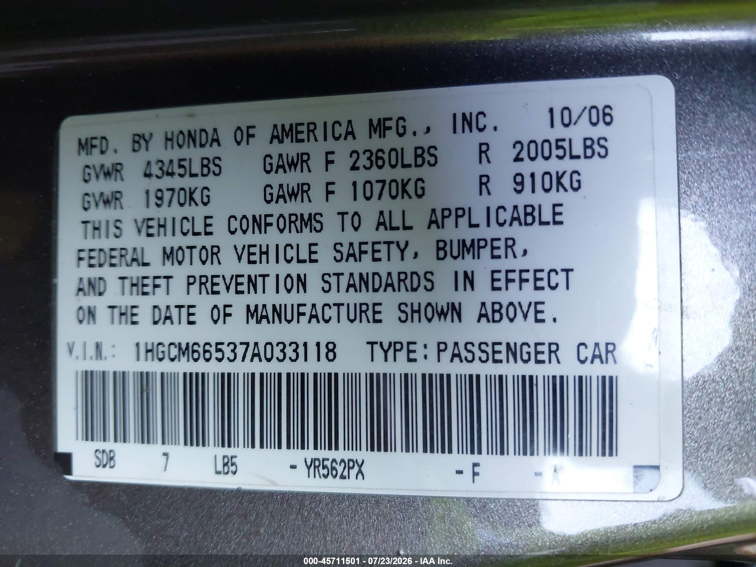 2007 Honda Accord 3.0 Ex Beige vin: 1HGCM66537A033118