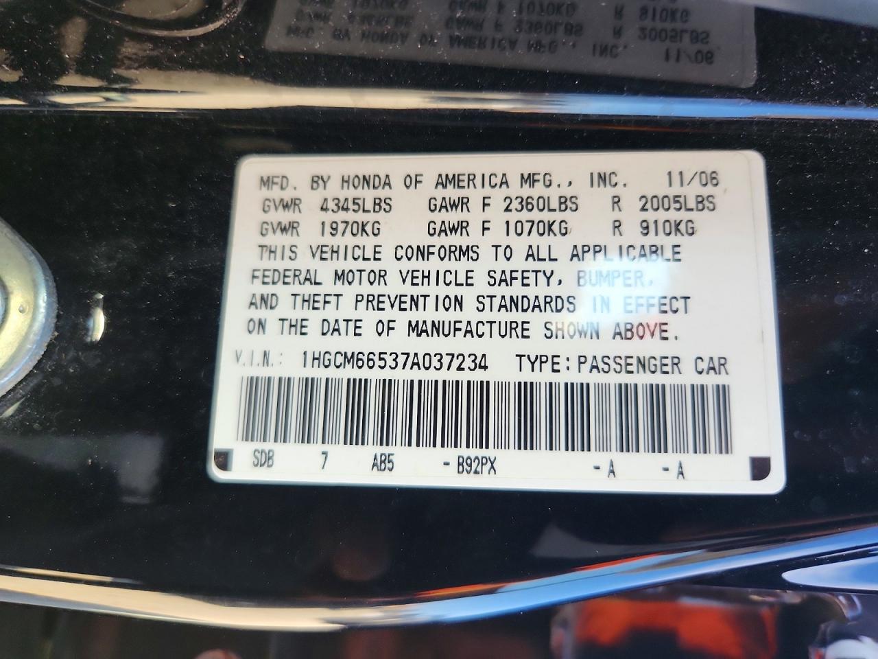 2007 Honda Accord Ex Black vin: 1HGCM66537A037234