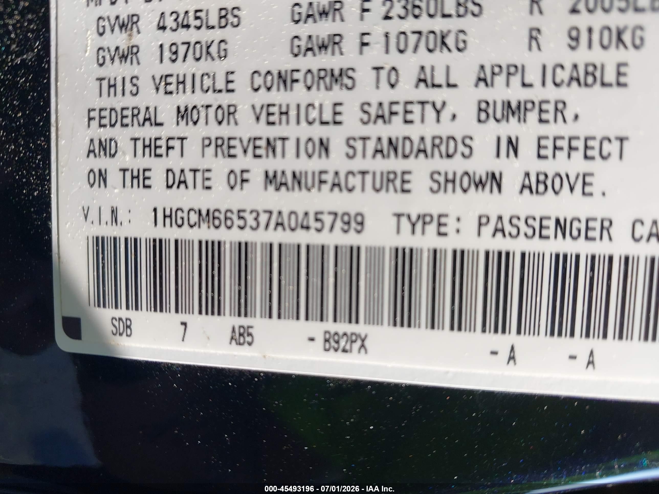 2007 Honda Accord 3.0 Ex Black vin: 1HGCM66537A045799