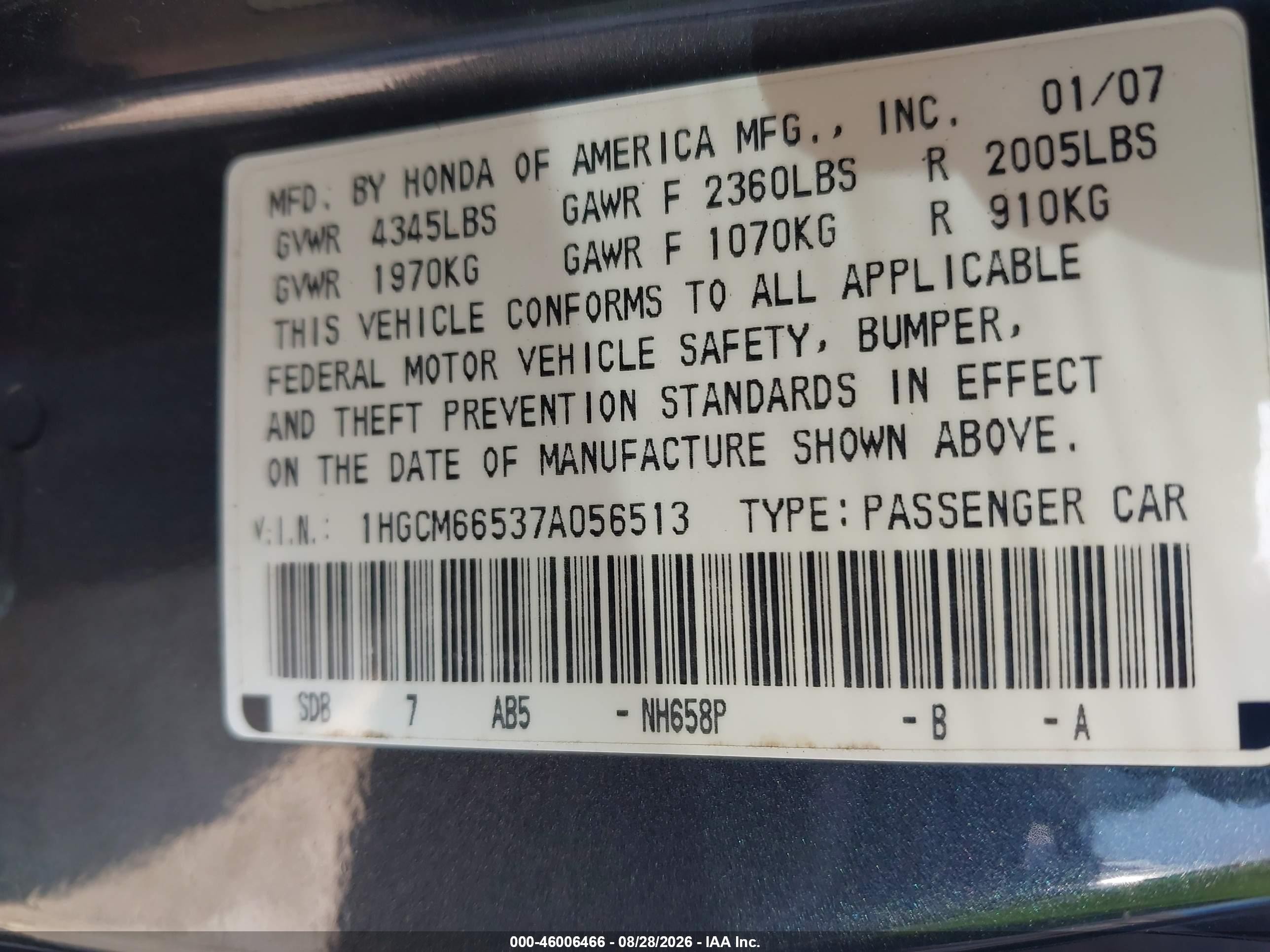 2007 Honda Accord 3.0 Ex Gray vin: 1HGCM66537A056513