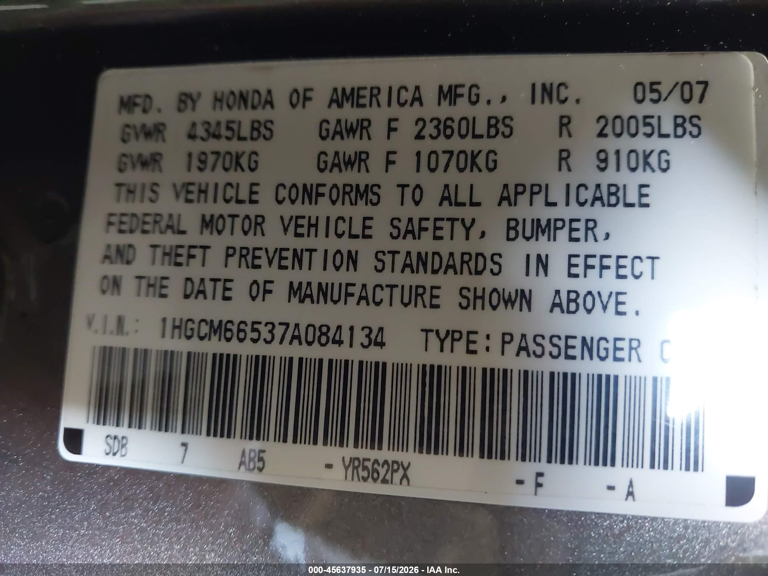 2007 Honda Accord 3.0 Ex Gray vin: 1HGCM66537A084134