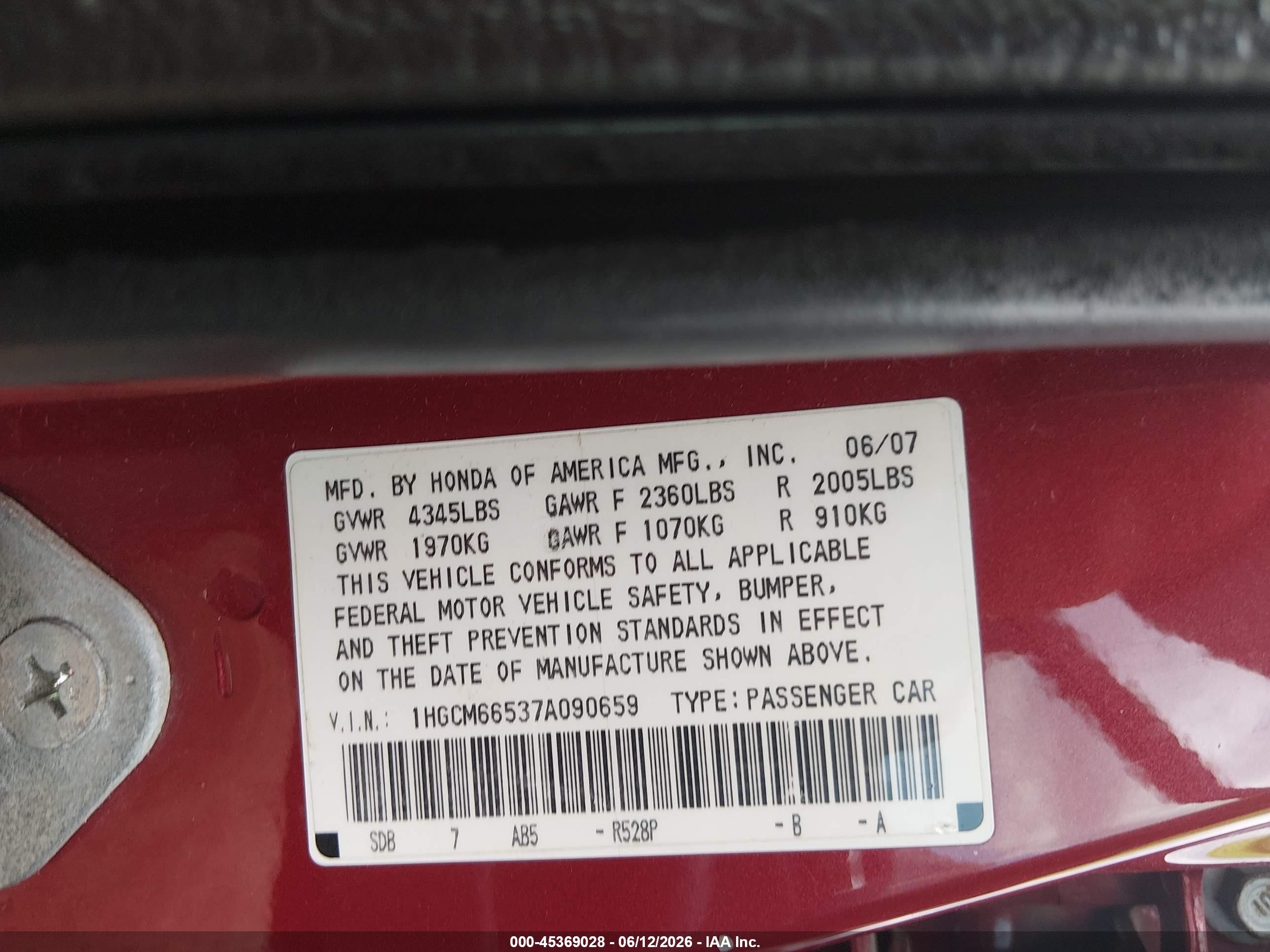 2007 Honda Accord 3.0 Ex Red vin: 1HGCM66537A090659