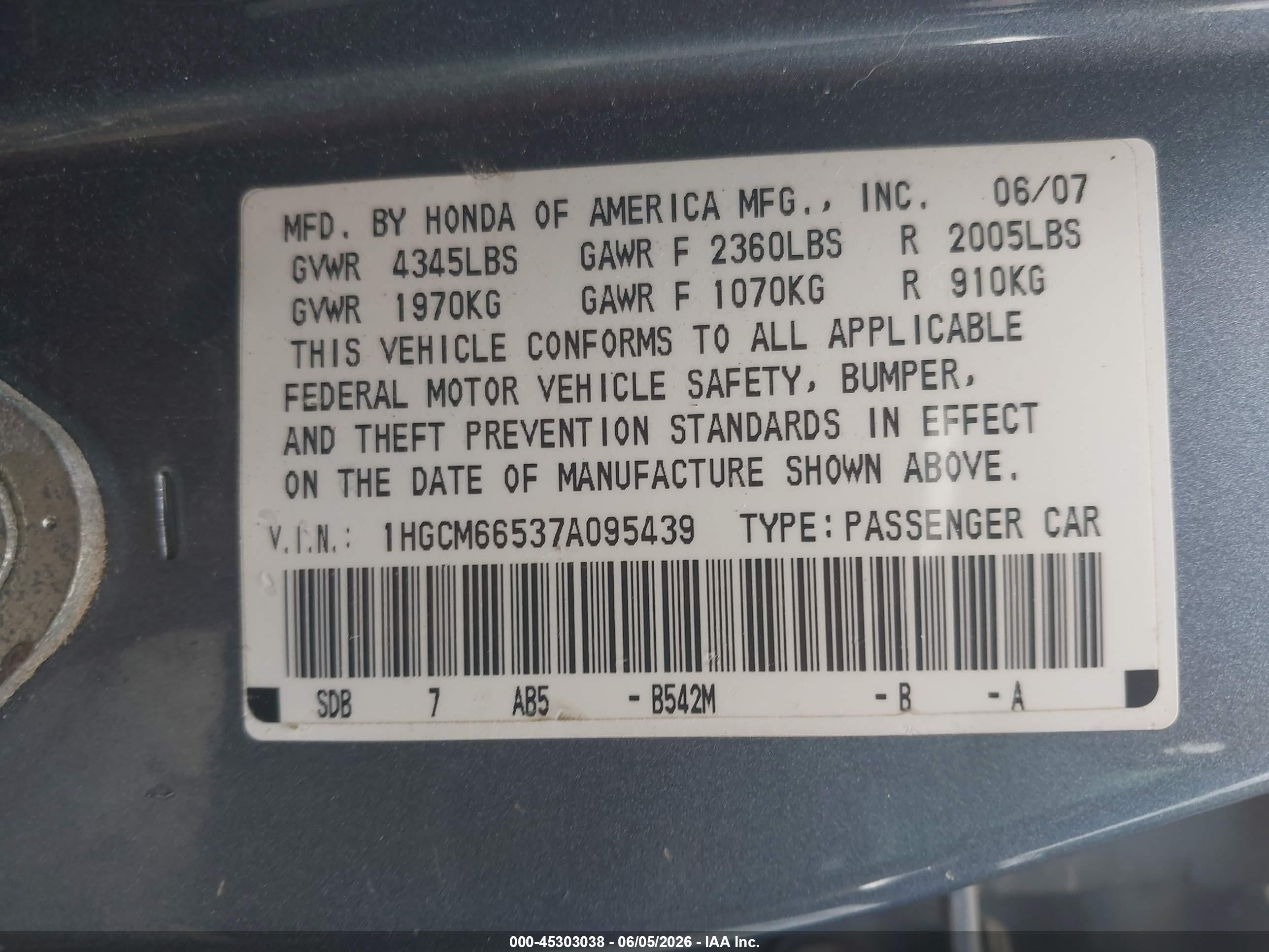 2007 Honda Accord 3.0 Ex Синий vin: 1HGCM66537A095439
