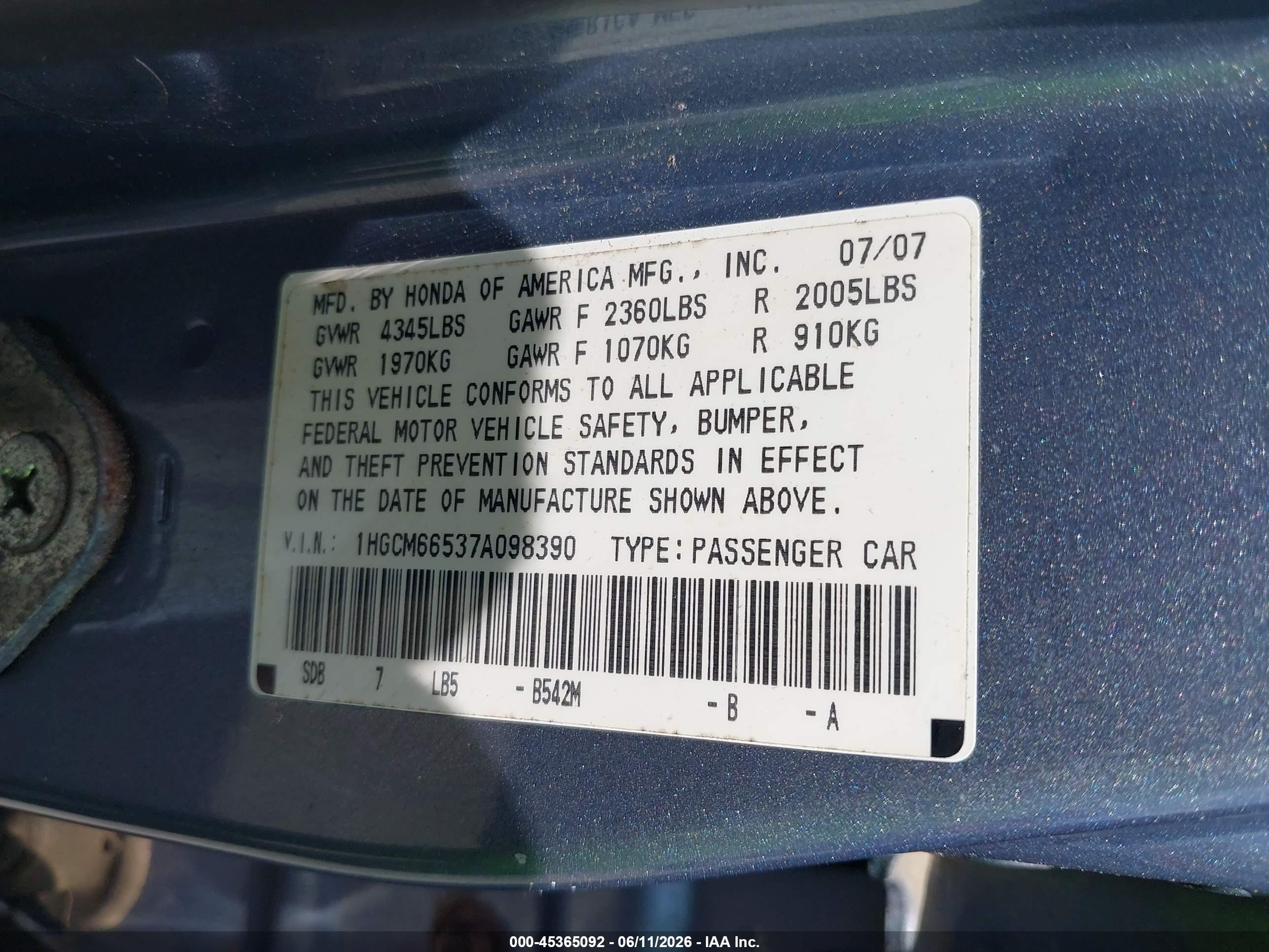 2007 Honda Accord 3.0 Ex Light Blue vin: 1HGCM66537A098390