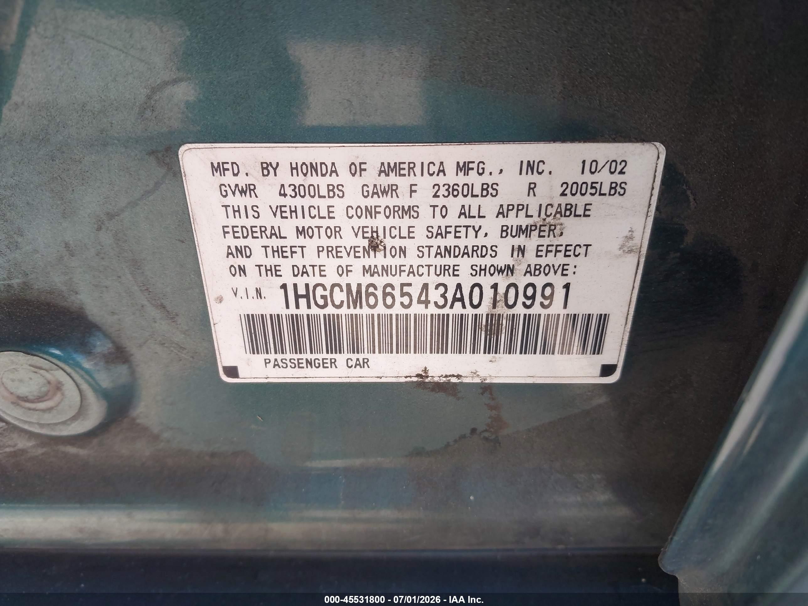 2003 Honda Accord Sdn Ex Green vin: 1HGCM66543A010991