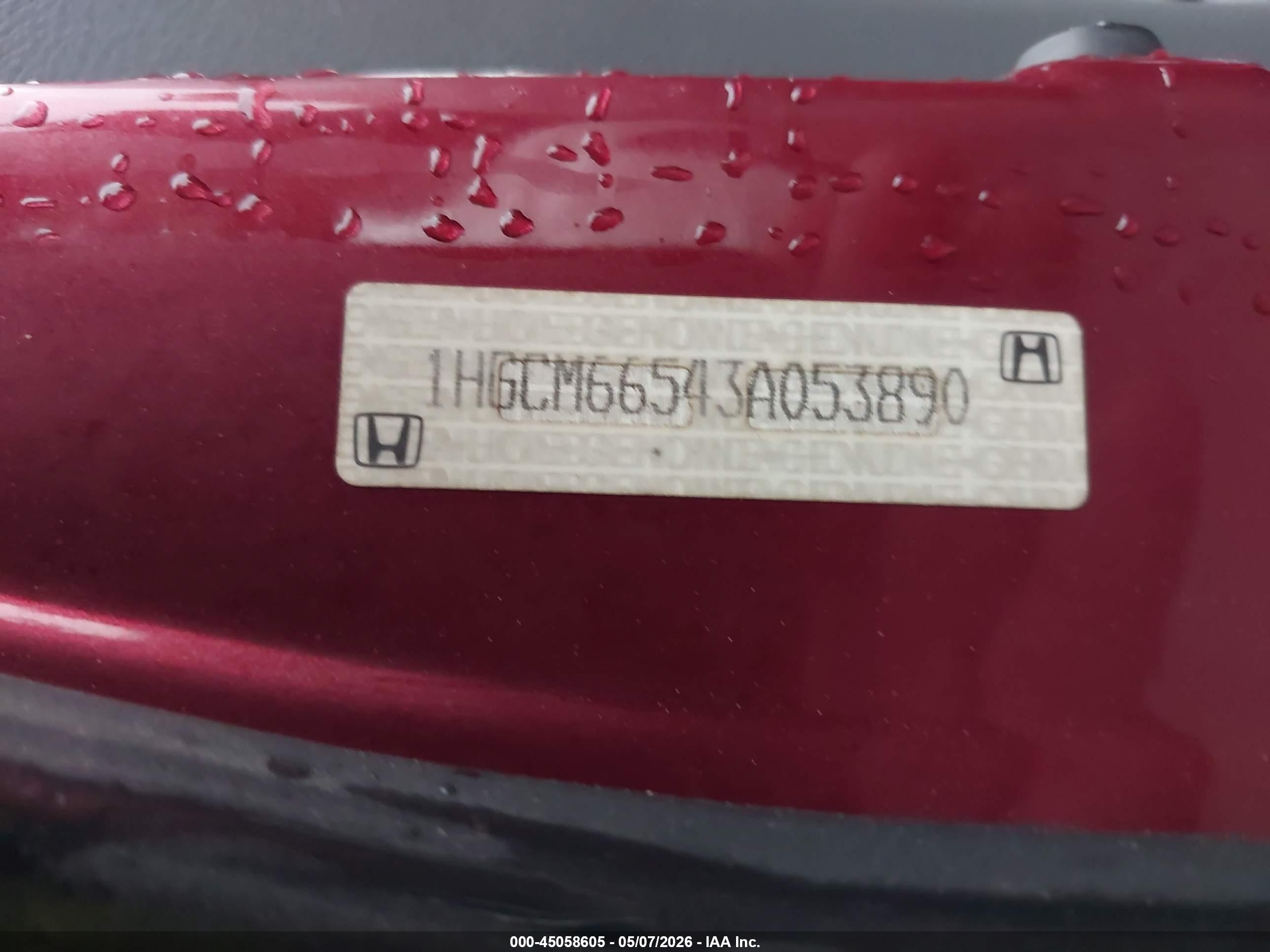 2003 Honda Accord 3.0 Ex Бордовый vin: 1HGCM66543A053890