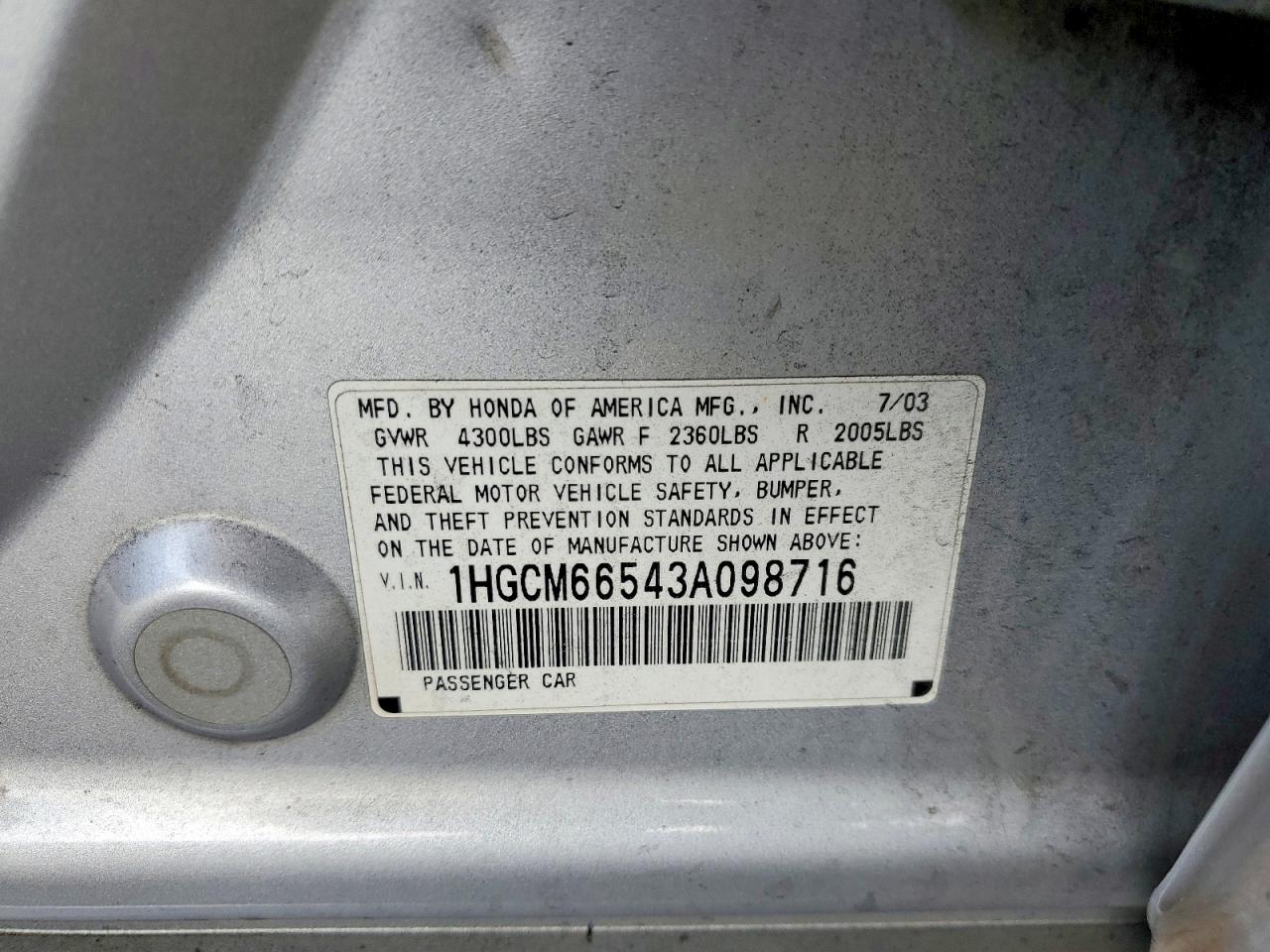 2003 Honda Accord Ex Silver vin: 1HGCM66543A098716