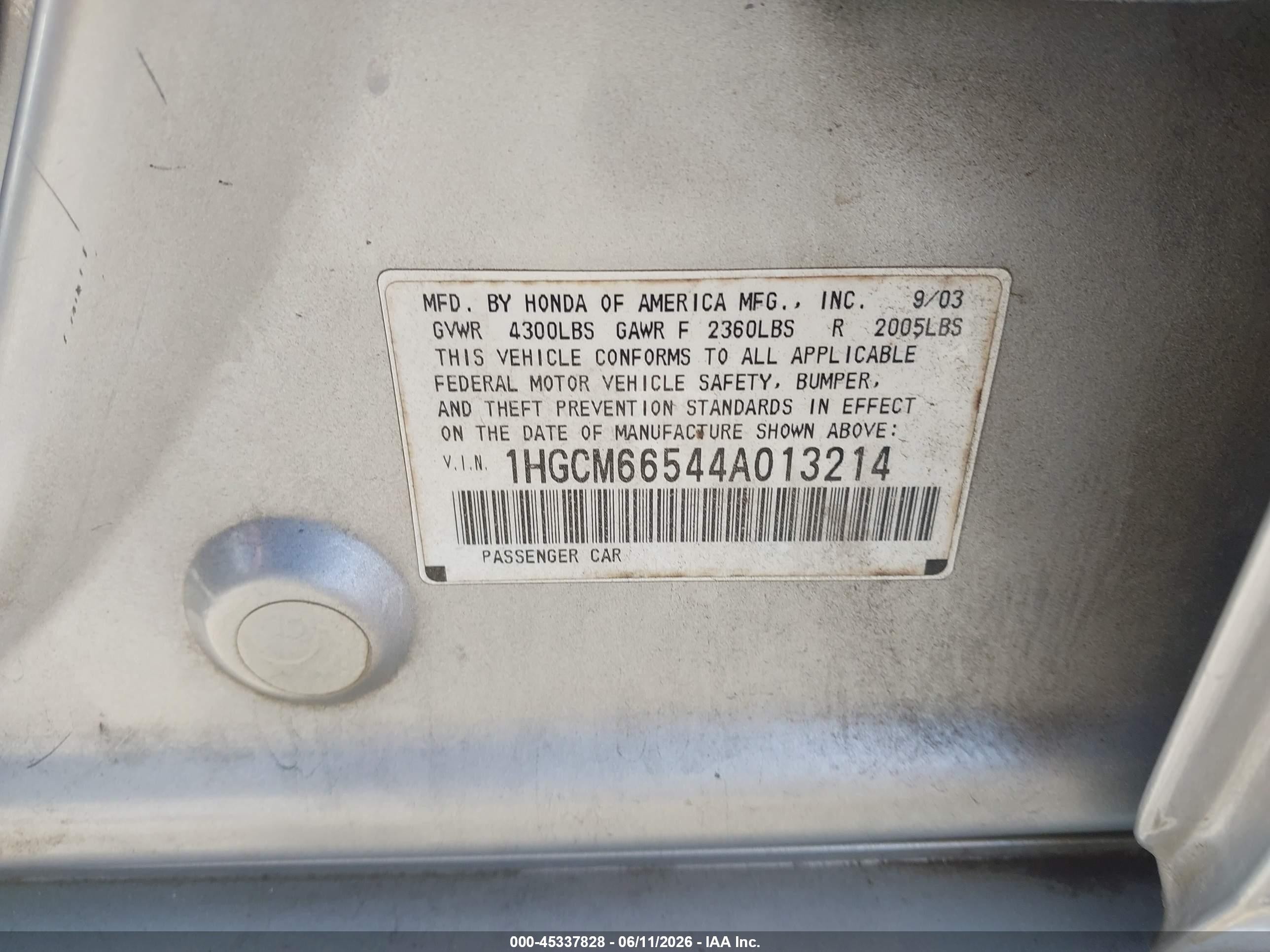 2004 Honda Accord 3.0 Ex Silver vin: 1HGCM66544A013214