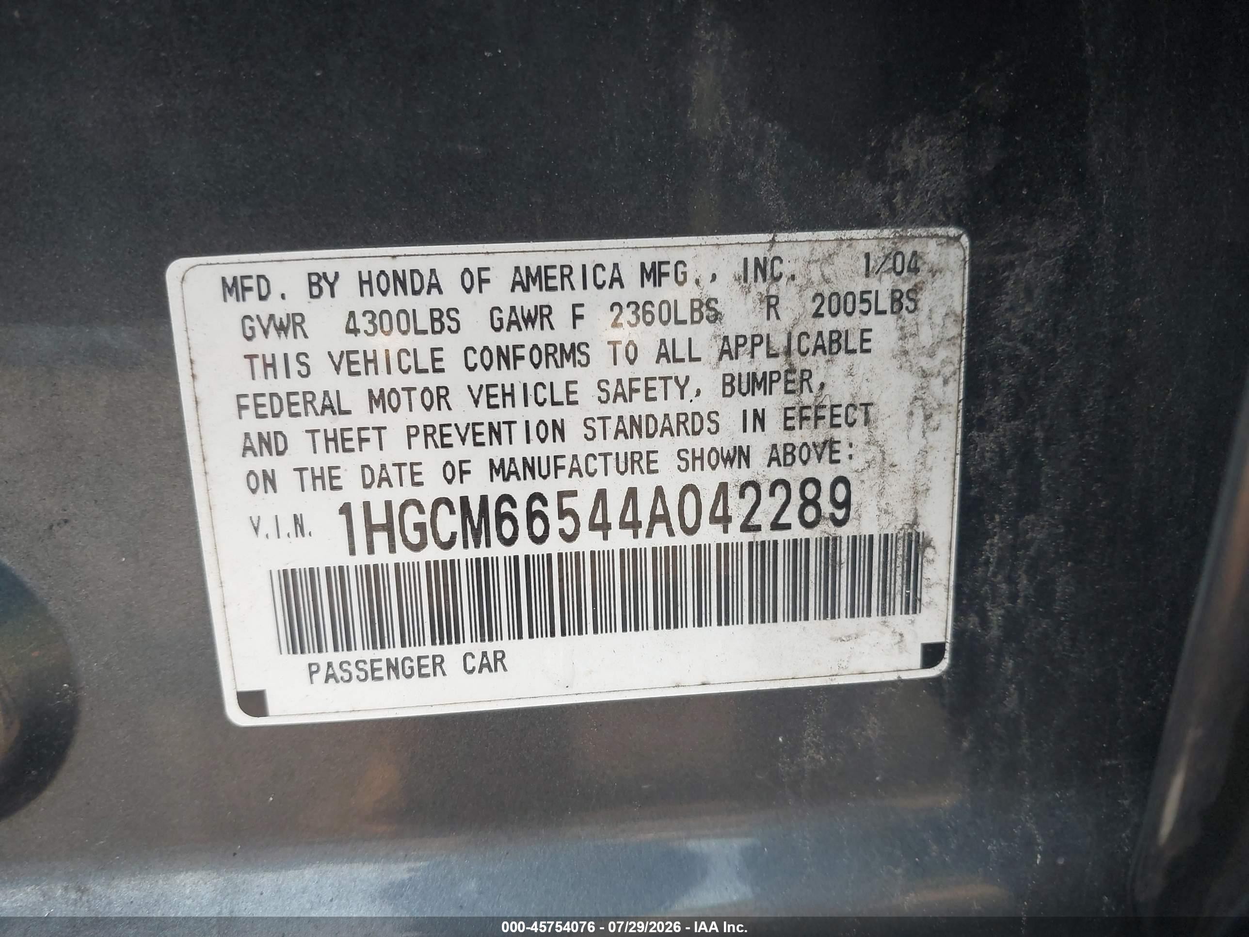 2004 Honda Accord 3.0 Ex Серый vin: 1HGCM66544A042289